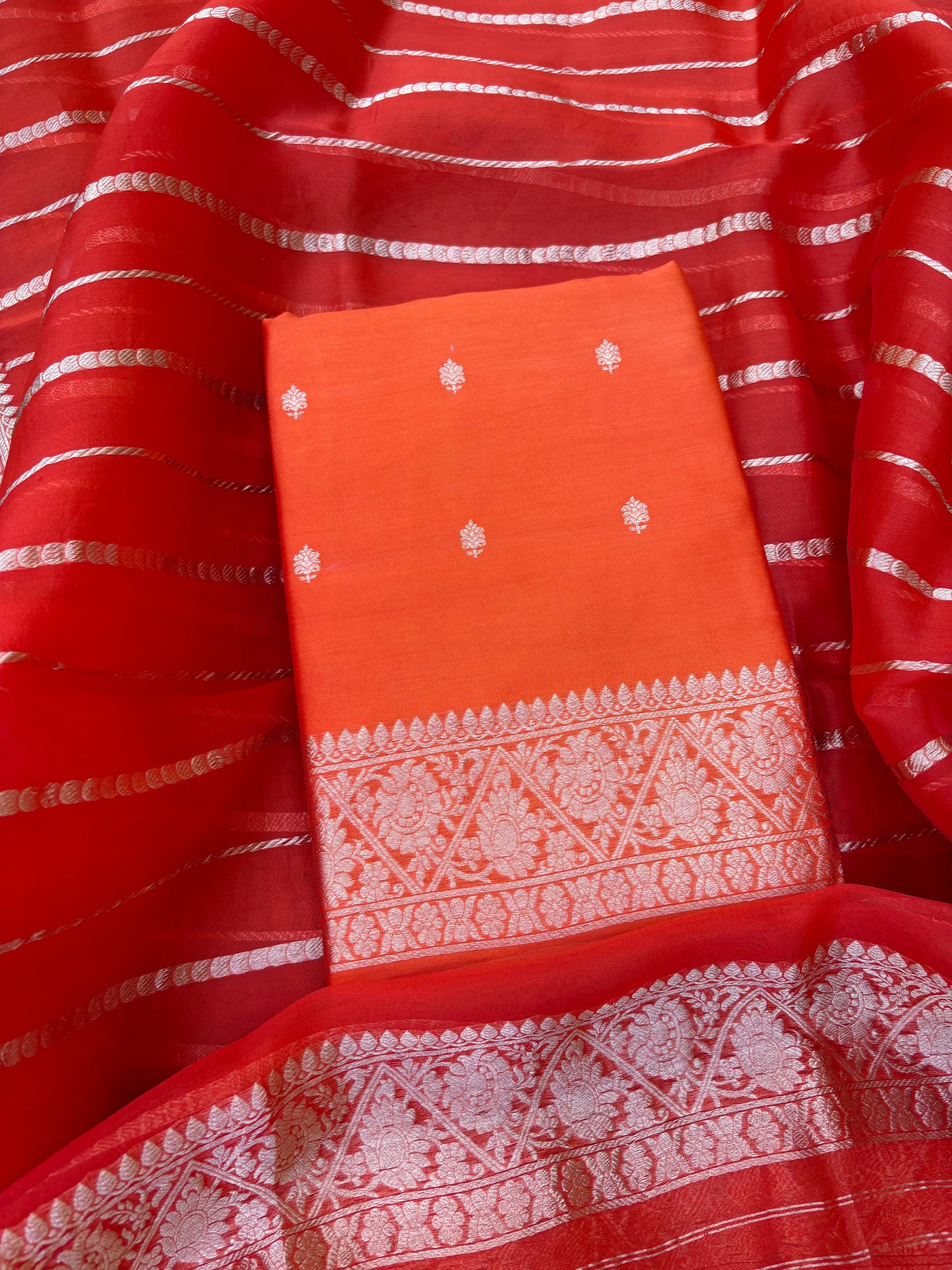 Orange raw mango silk kurta, bottom, kora dupatta