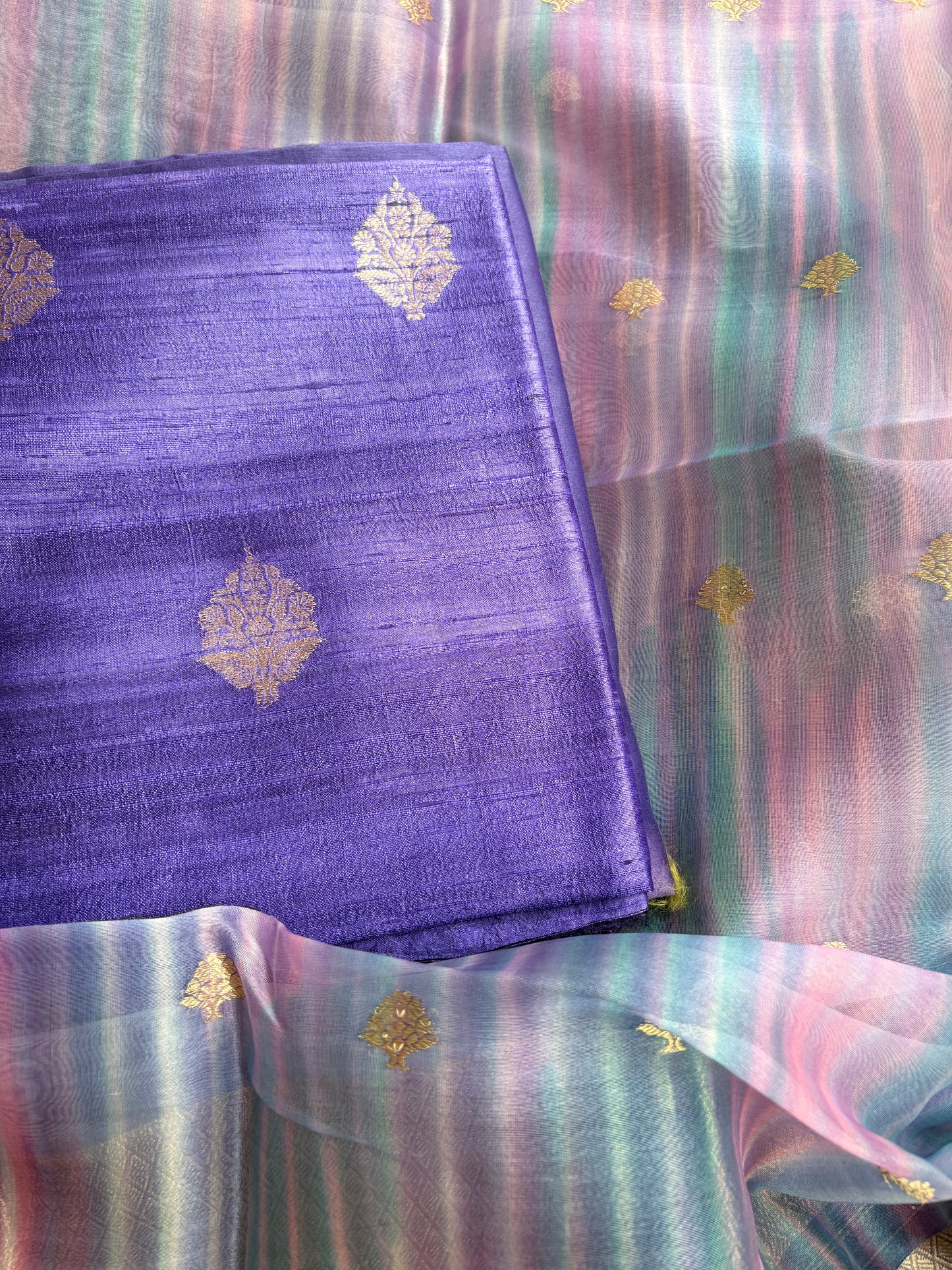 Pure raw silk kurta, bottom and kora digital dyed dupatta