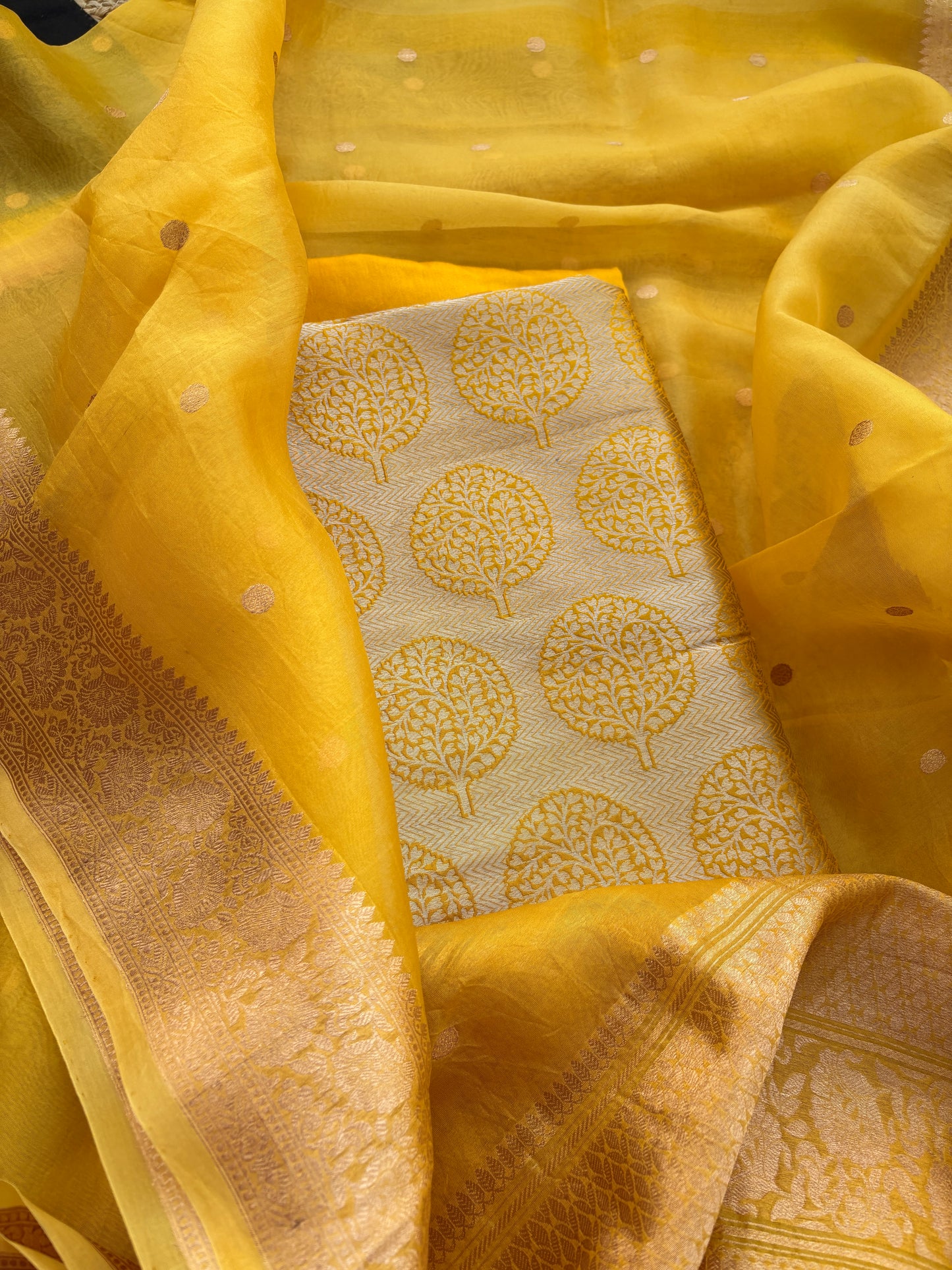 Yellow Katan brocade kurta and bottom , kora silk dupatta