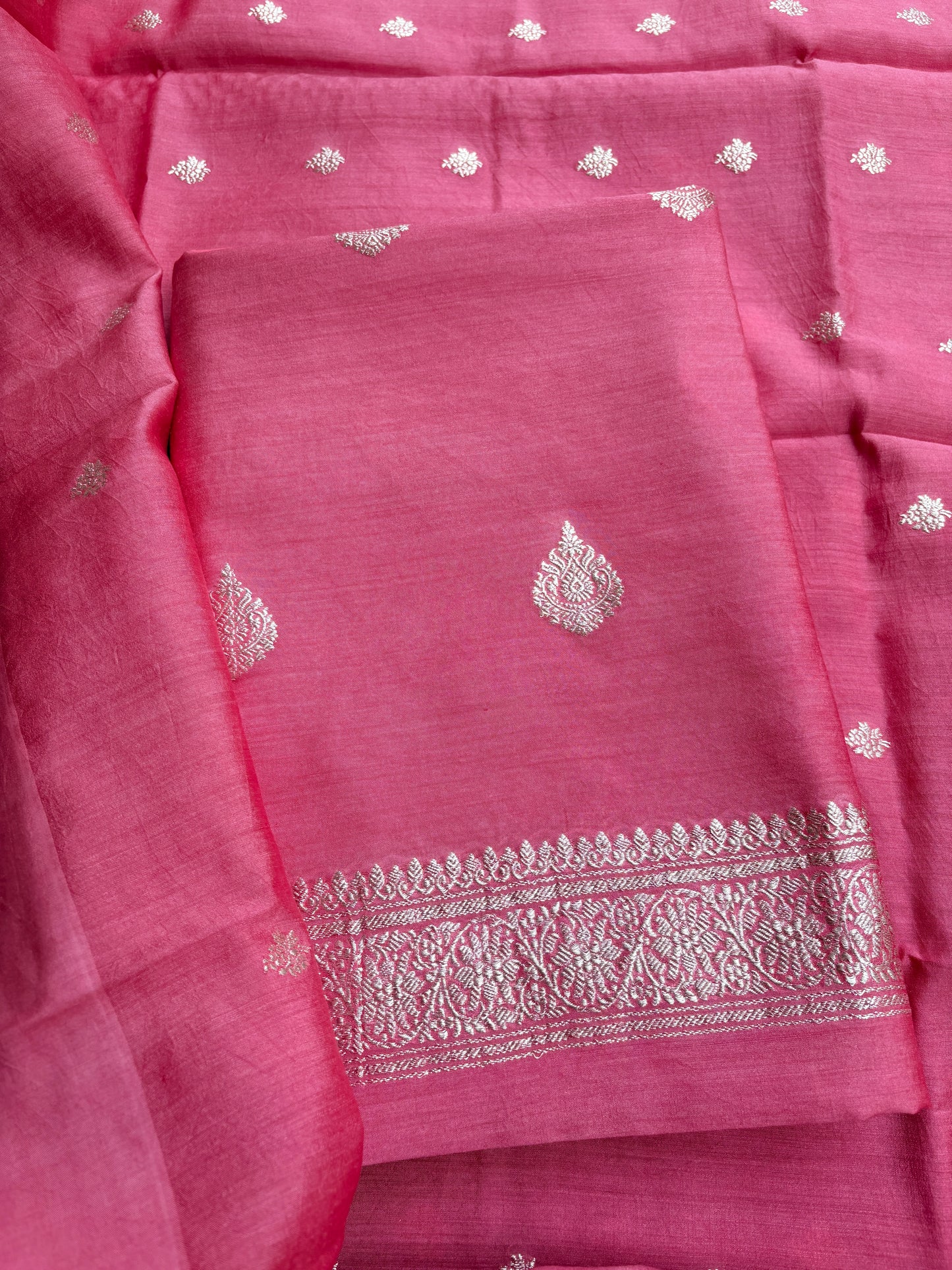 Peach moonga silk silver zari 3 piece suit set