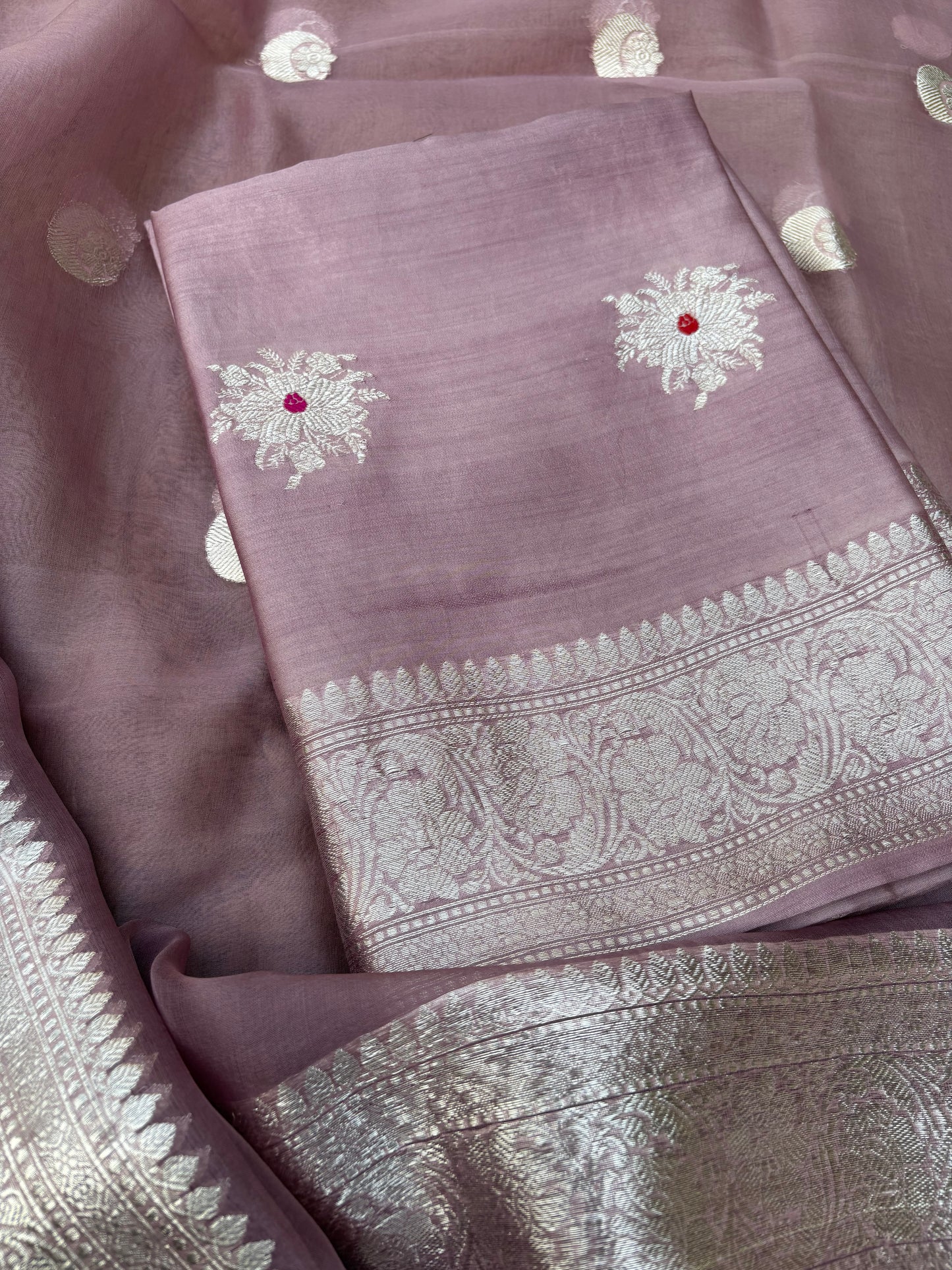 Lavender Chiniya kora silver zari 3 piece suit set