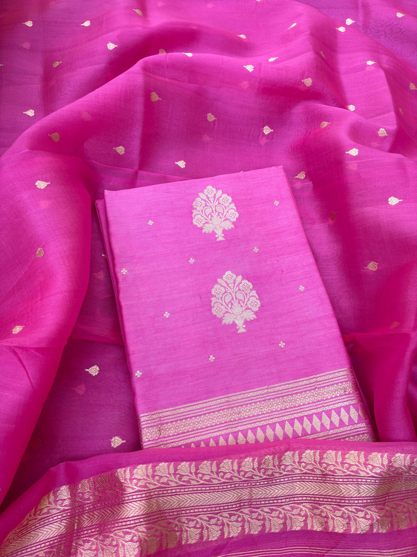 Pink Chiniya silk, kora silk dupatt 3 piece suit set