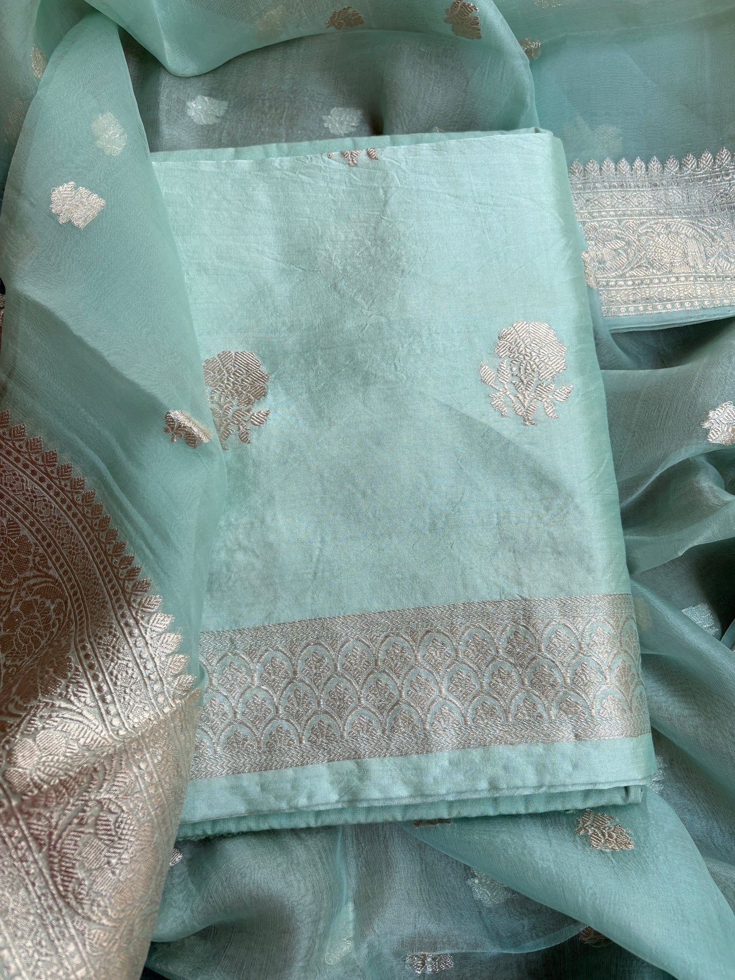 Blue silver zari Chiniya kora suit set