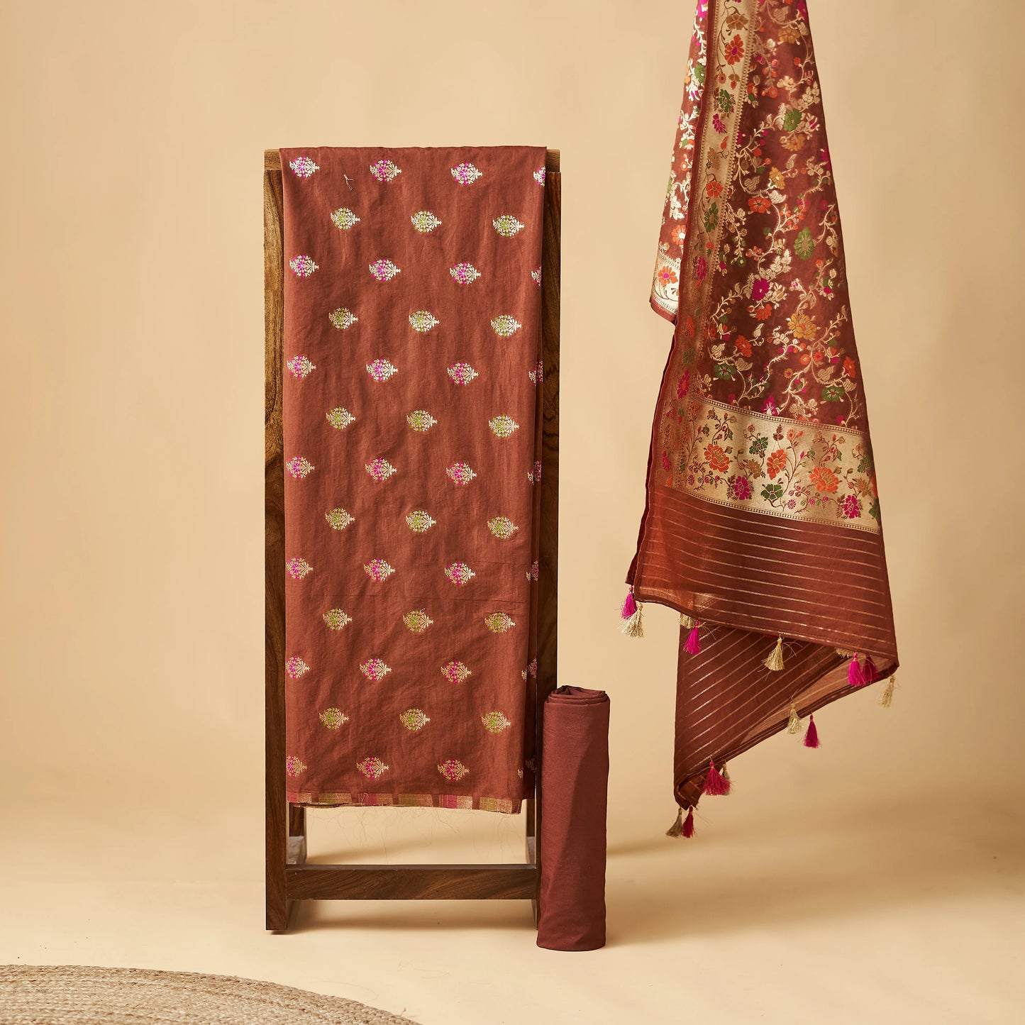 Brown Chanderi cotton 3 piece set