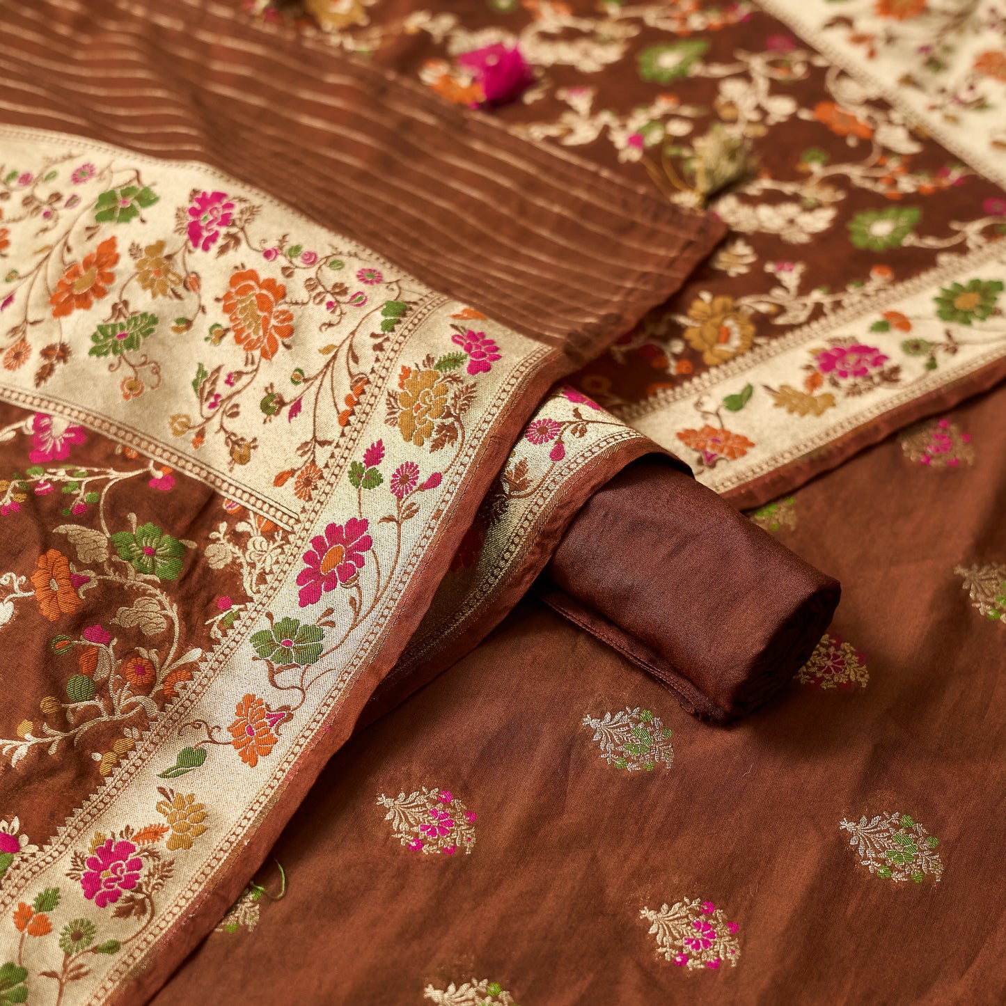 Brown Chanderi cotton 3 piece set