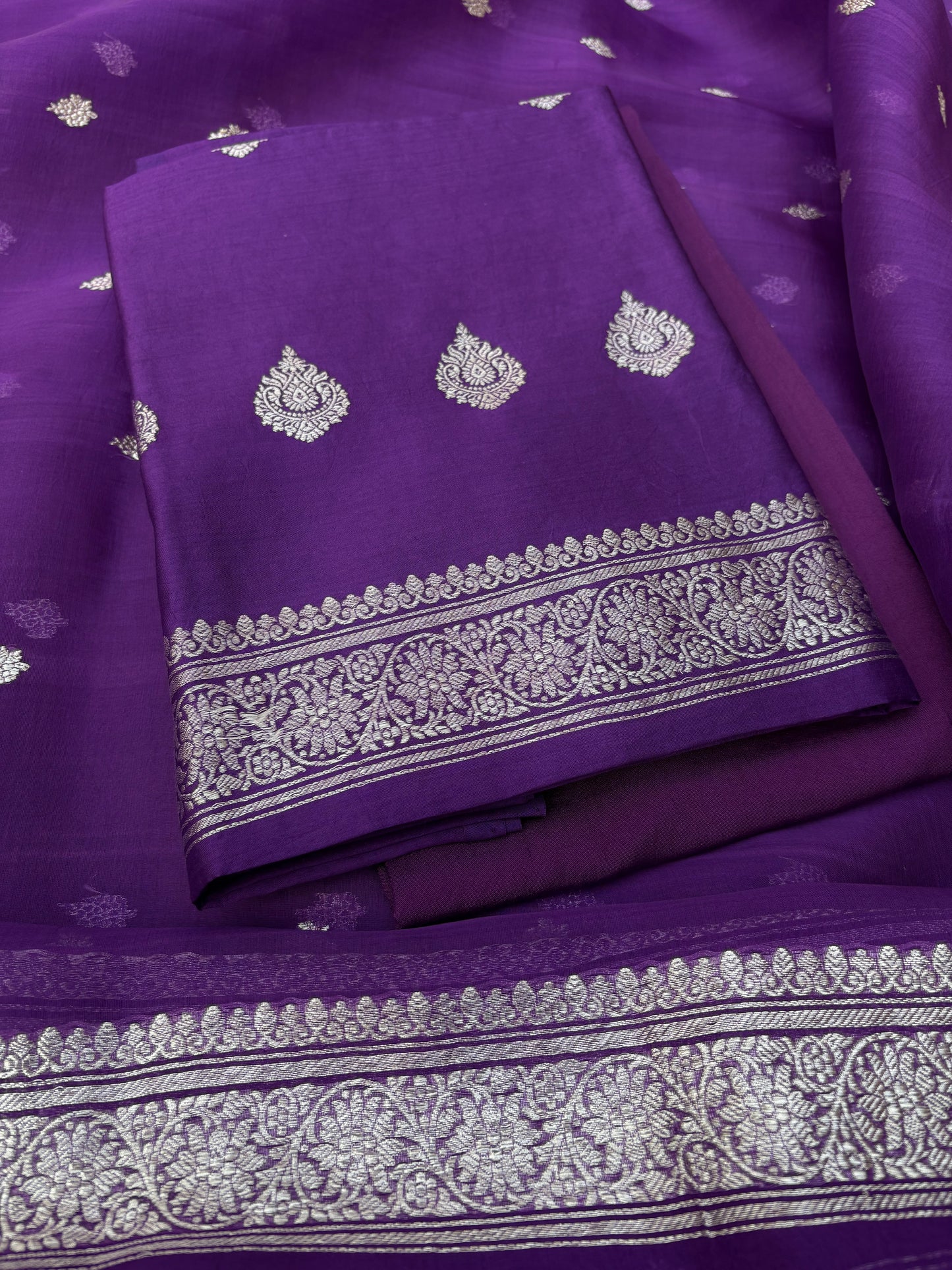 Purple silver zari Chiniya kora silk suit set