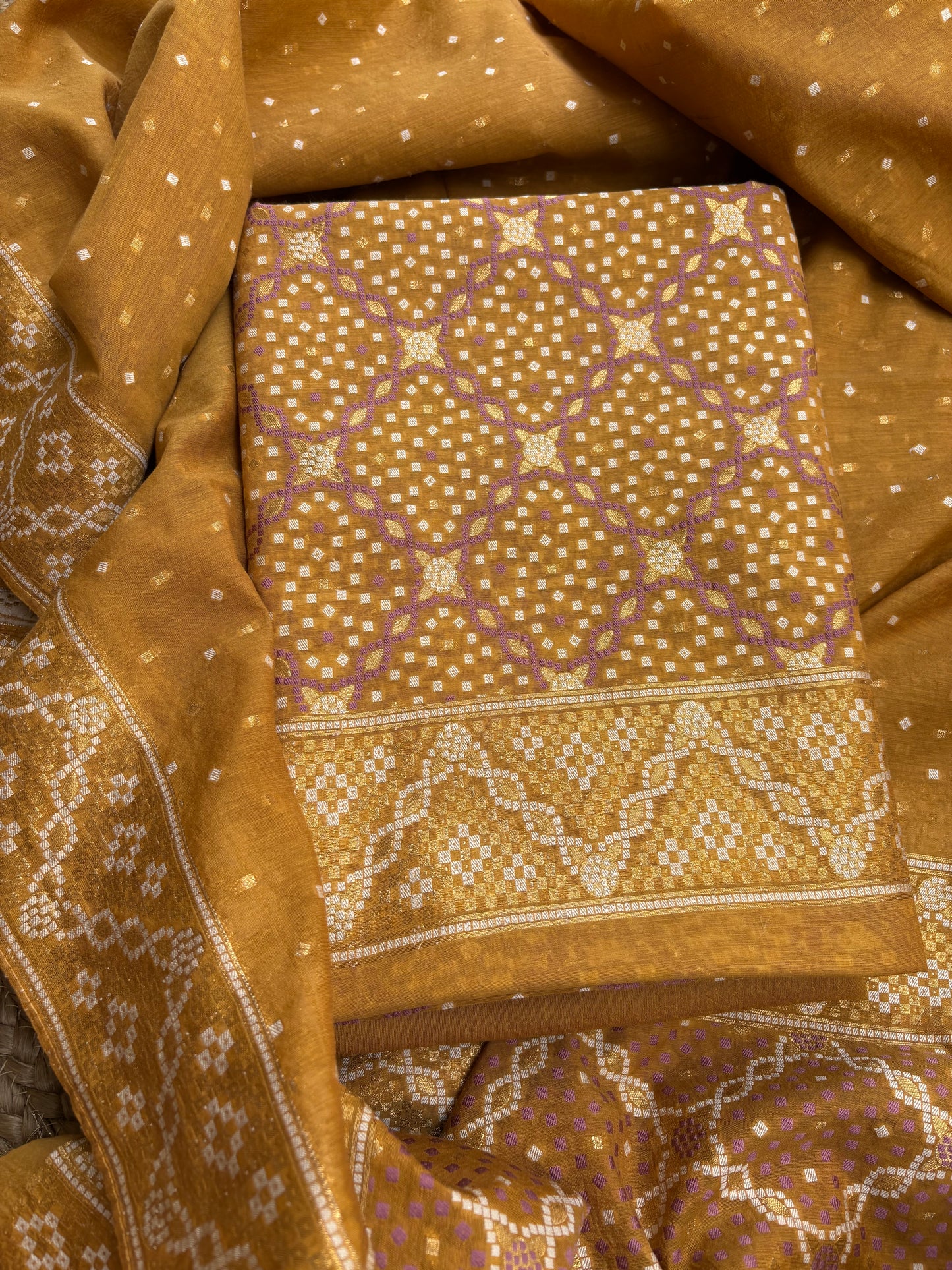 Mustard bandhani cotton 3 piece suit set