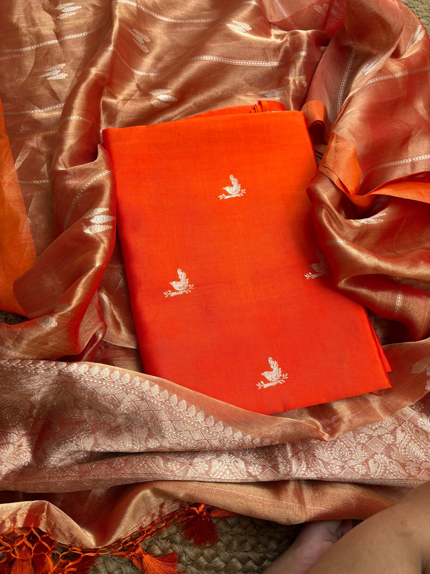 Orange raw artisan silk kurta, bottom, tissue kadhwa dupatta
