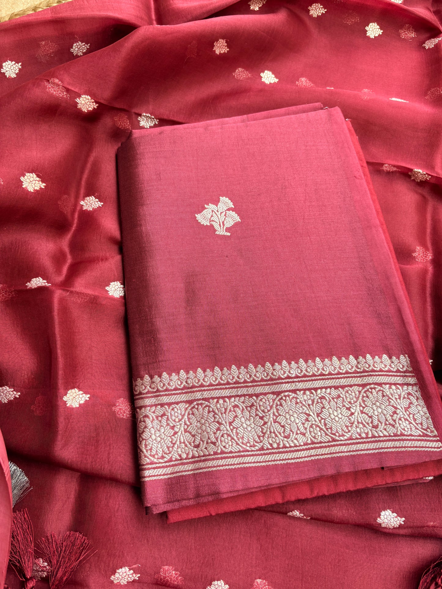 Maroon Chiniya Silk silver zari 3 piece suit set