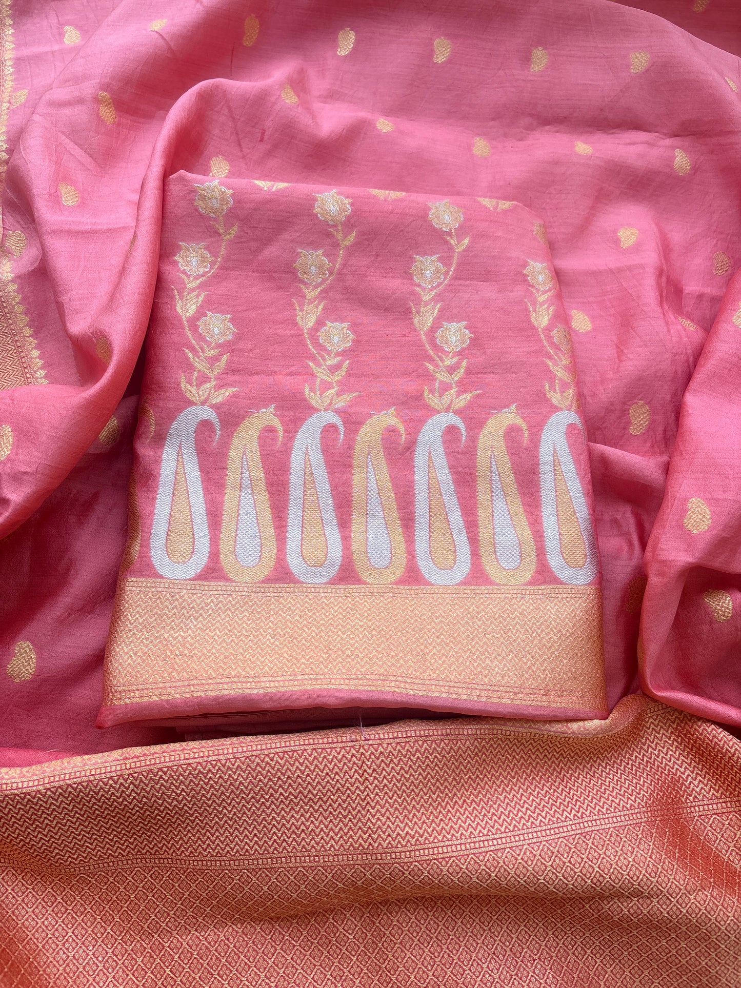 Pink Chiniya silk jaal kurta with booti dupattas