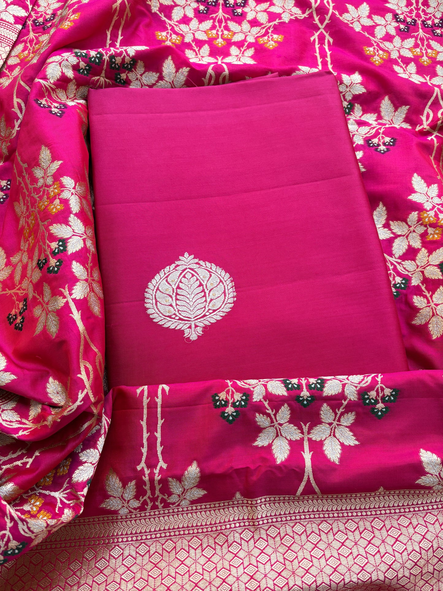 Pink katan silk suit with jaal dupatta suit set