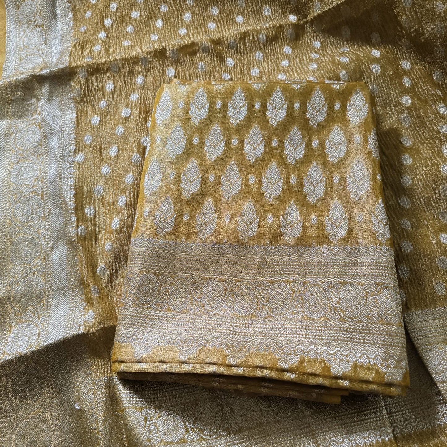 Yellow tissue suit, hand crushed dupatta , plain solid color bottom