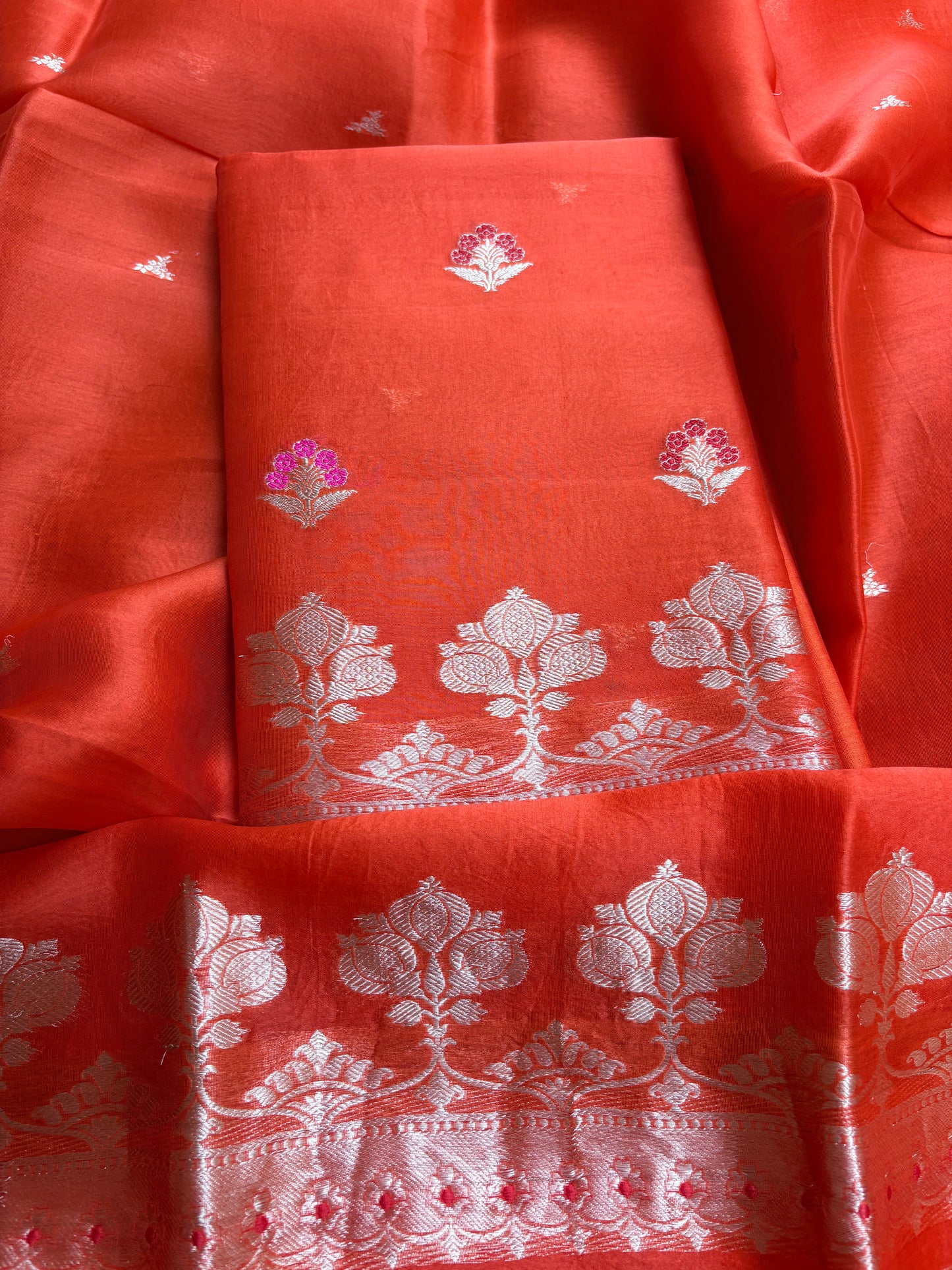 Orange kora kadhwa silk suit set