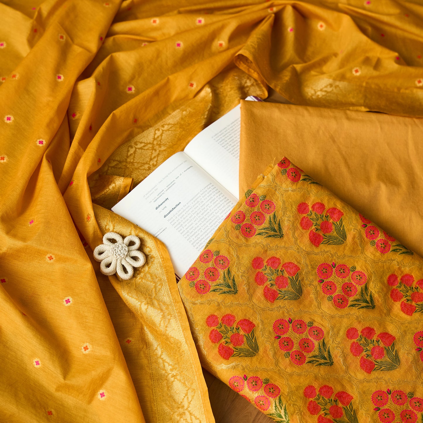 Mustard flower booti kurta, plain booti dupatta, plain bottom