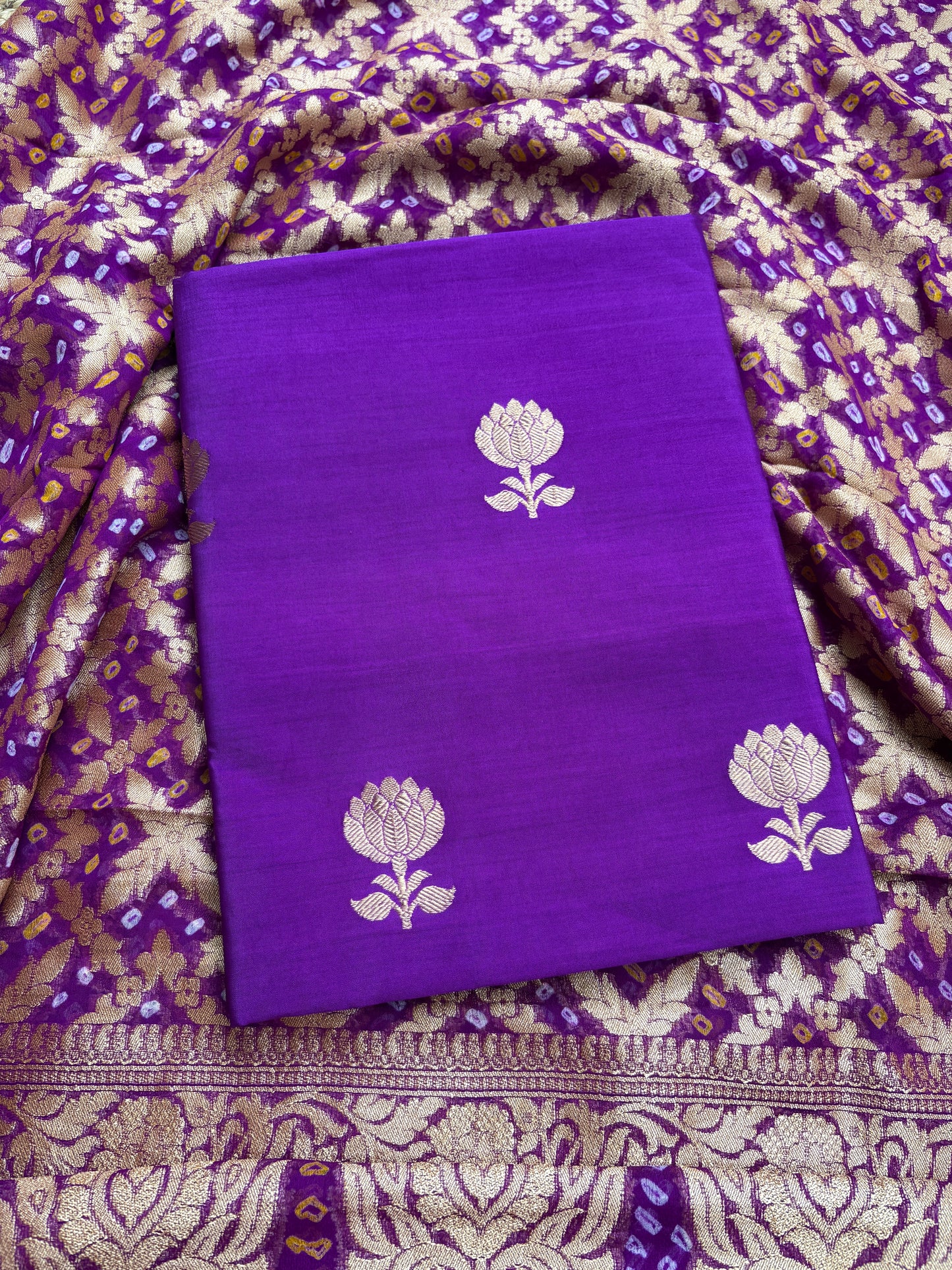 Purple Chiniya kurta , bottom khaadi bandhani dupatta