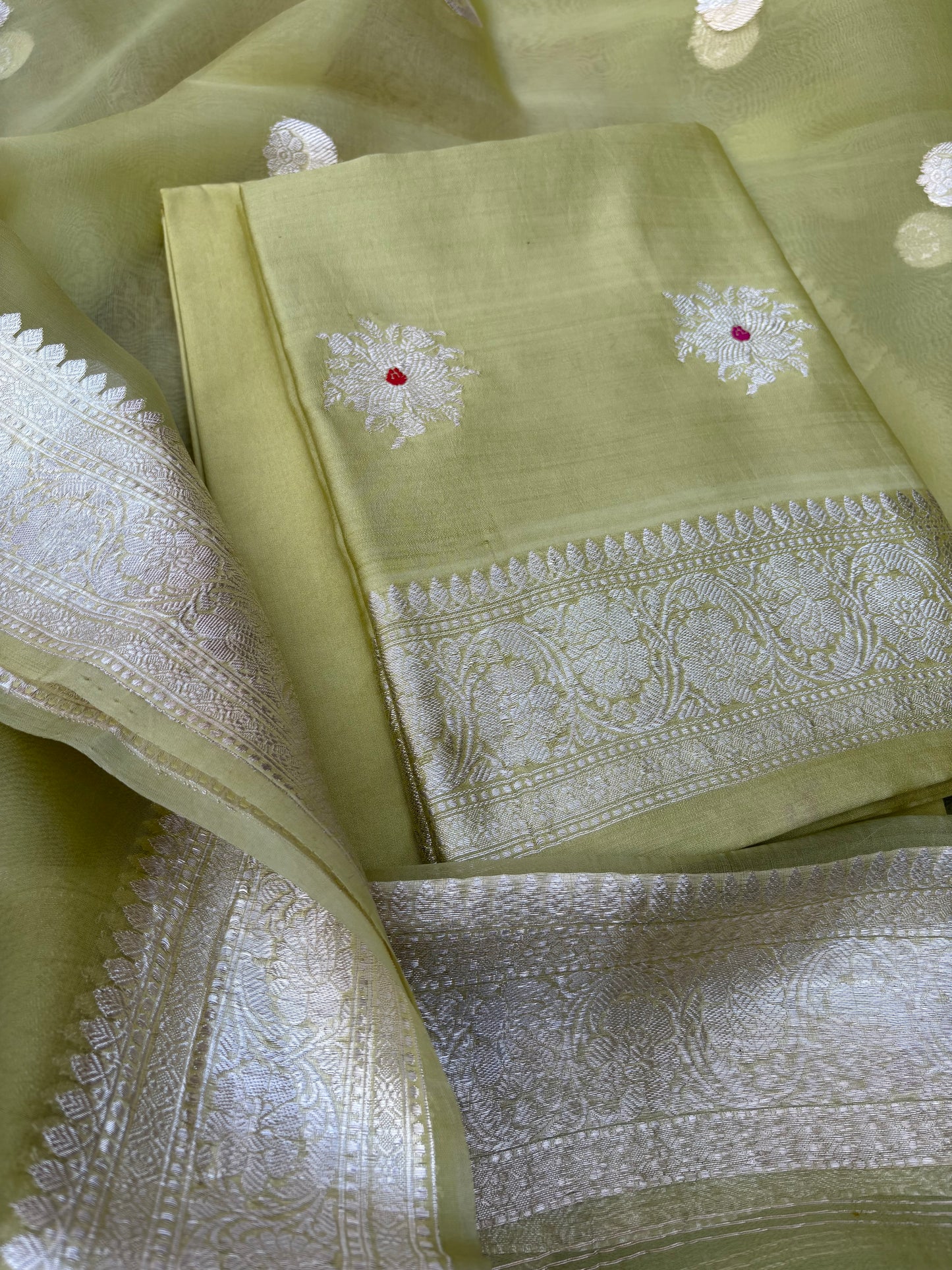 Green Chiniya silk silver zari 3 piece suit set