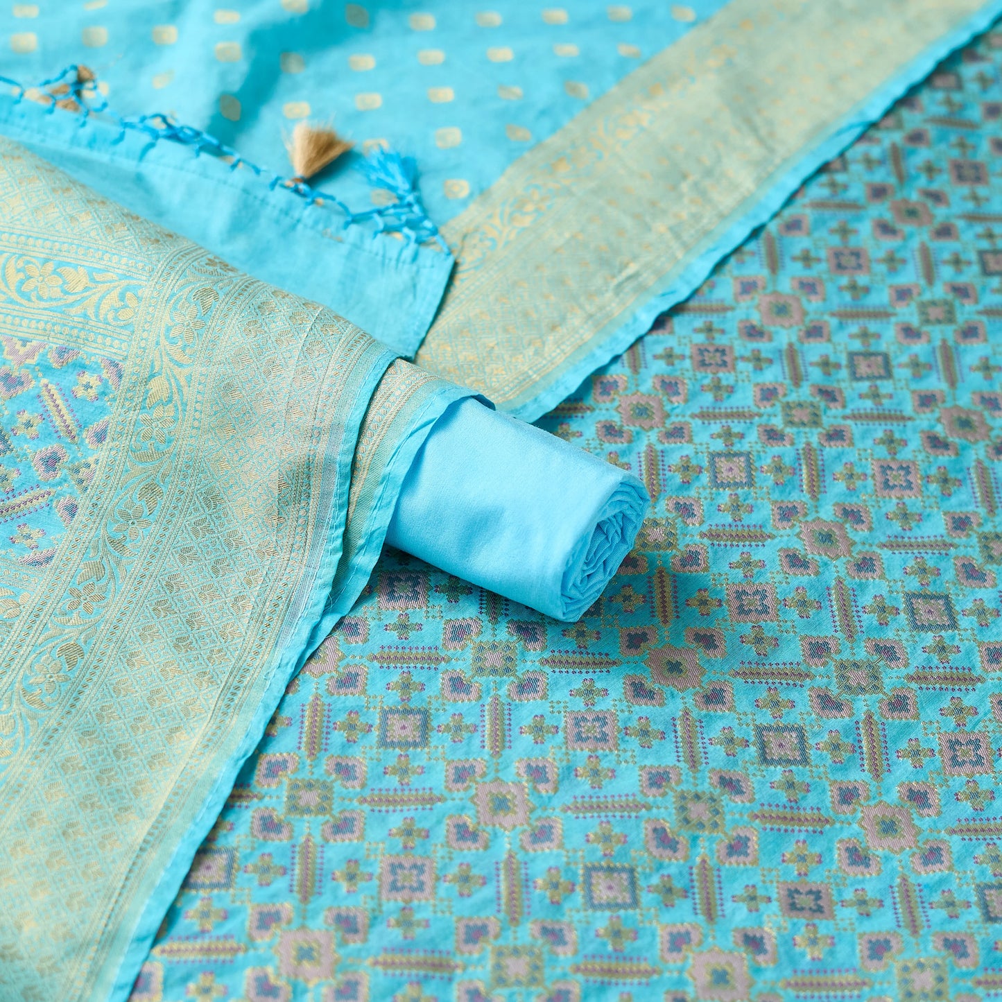Blue patola full jaal kurta, designer dupatta, plain bottom