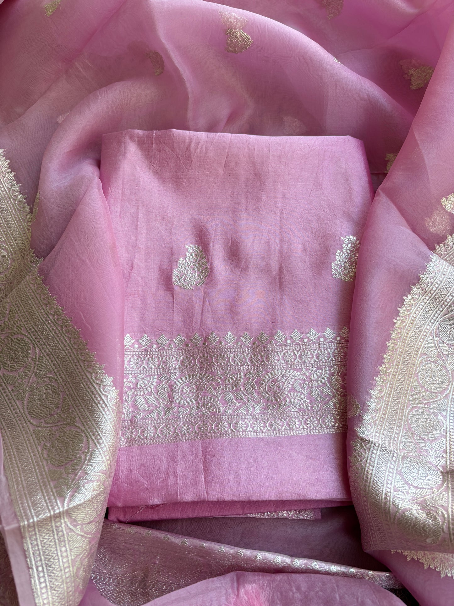 Pink Chiniya kora silver zari suit set