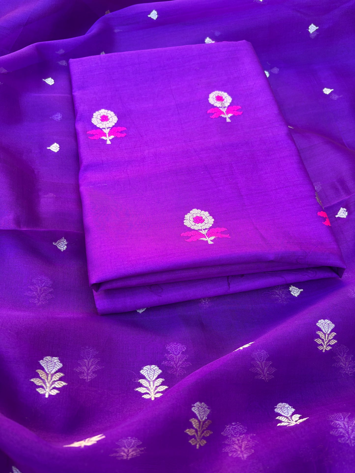 Purple meenadar Chiniya silk kurta, kora silk dupatta, plain bottom