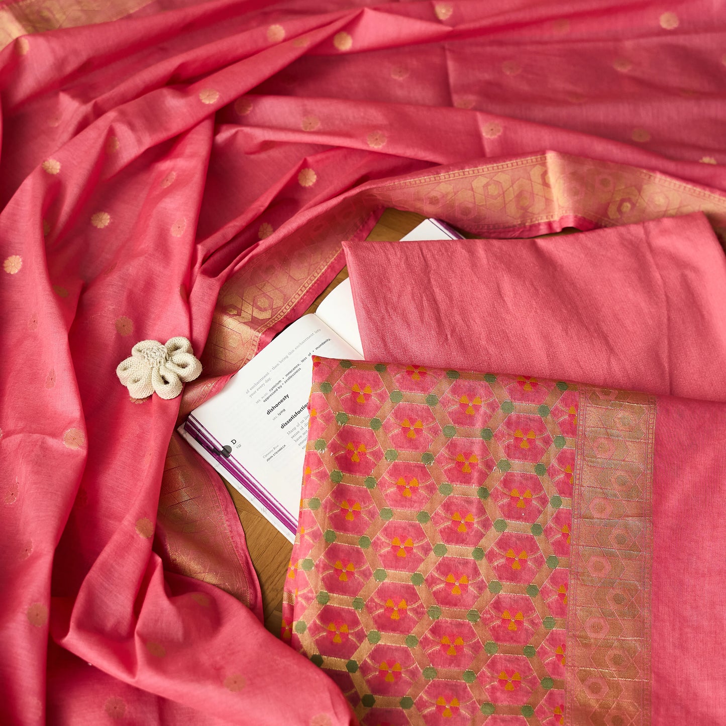 Peach Cotton weaving full jaal kurta, booti dupatta , plain bottom