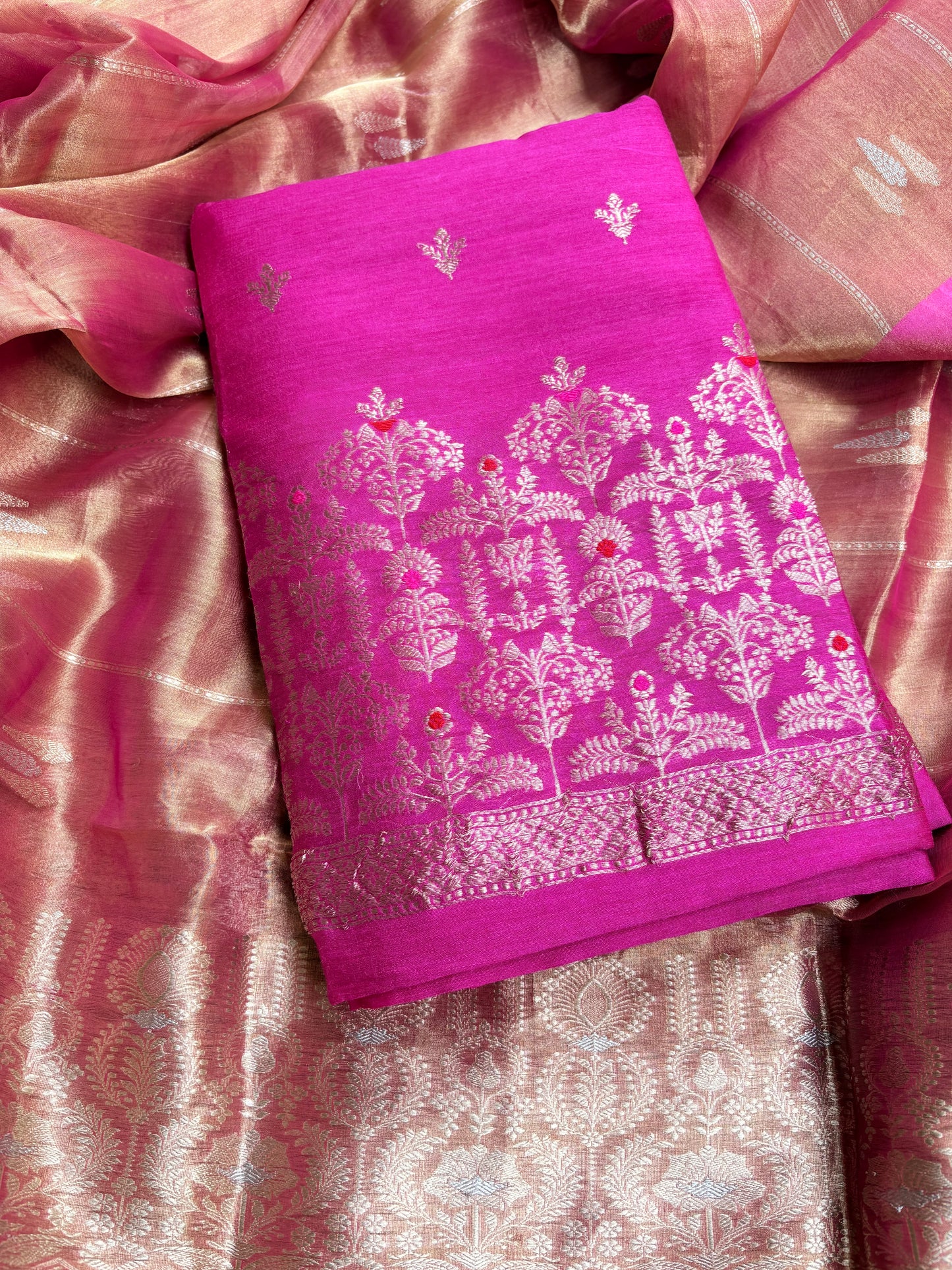 Pink moonga kadhwa suit with tissue kadhwa dupatta