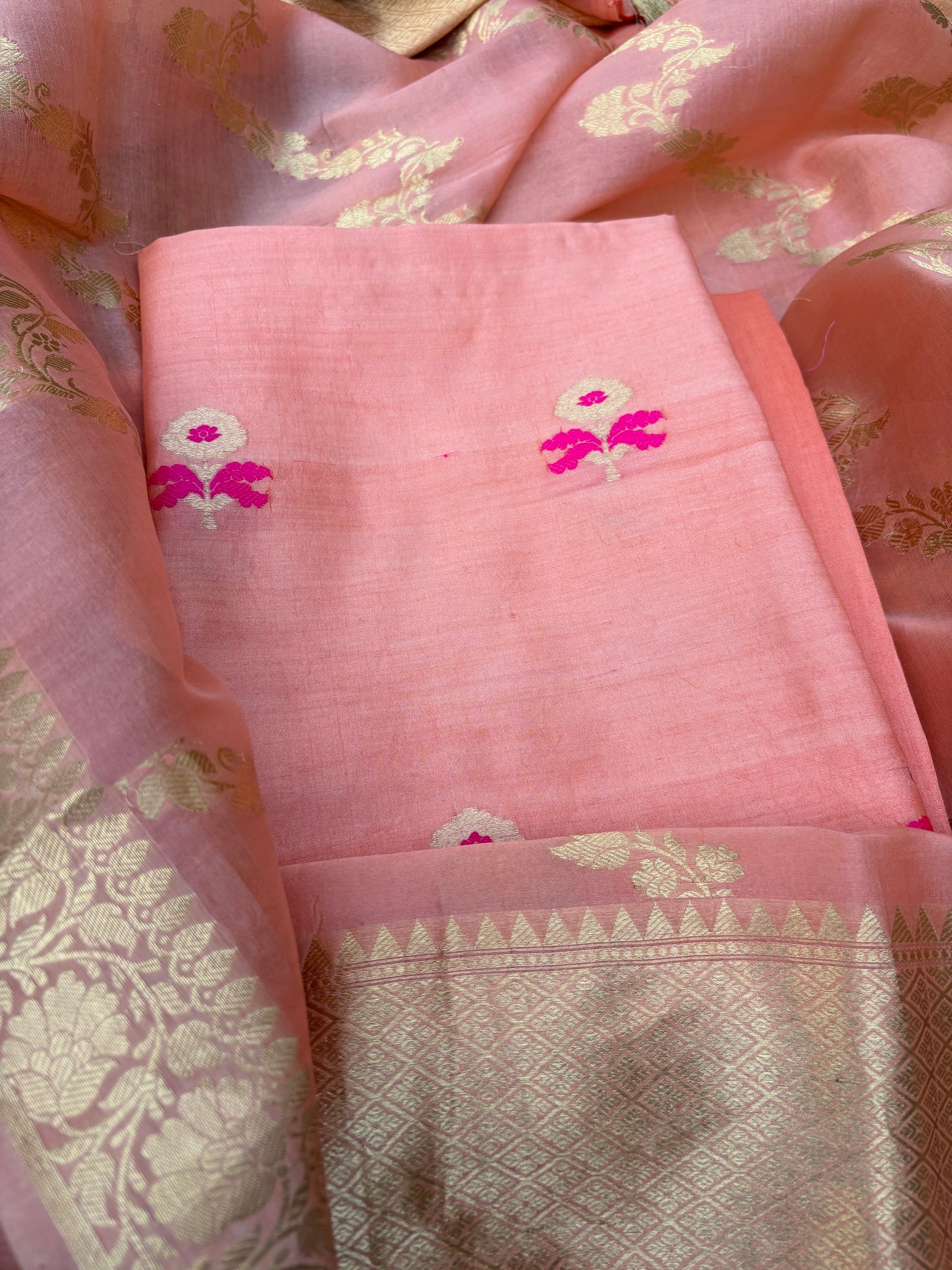 Peach Chiniya silk Kurt, bottom and kora silk dupatta.