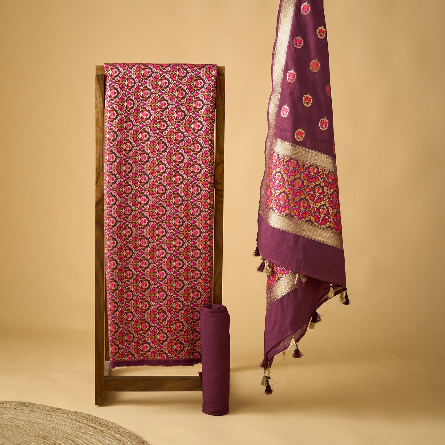 Maroon Jaal kurta, designer jaal dupatta , plain bottom