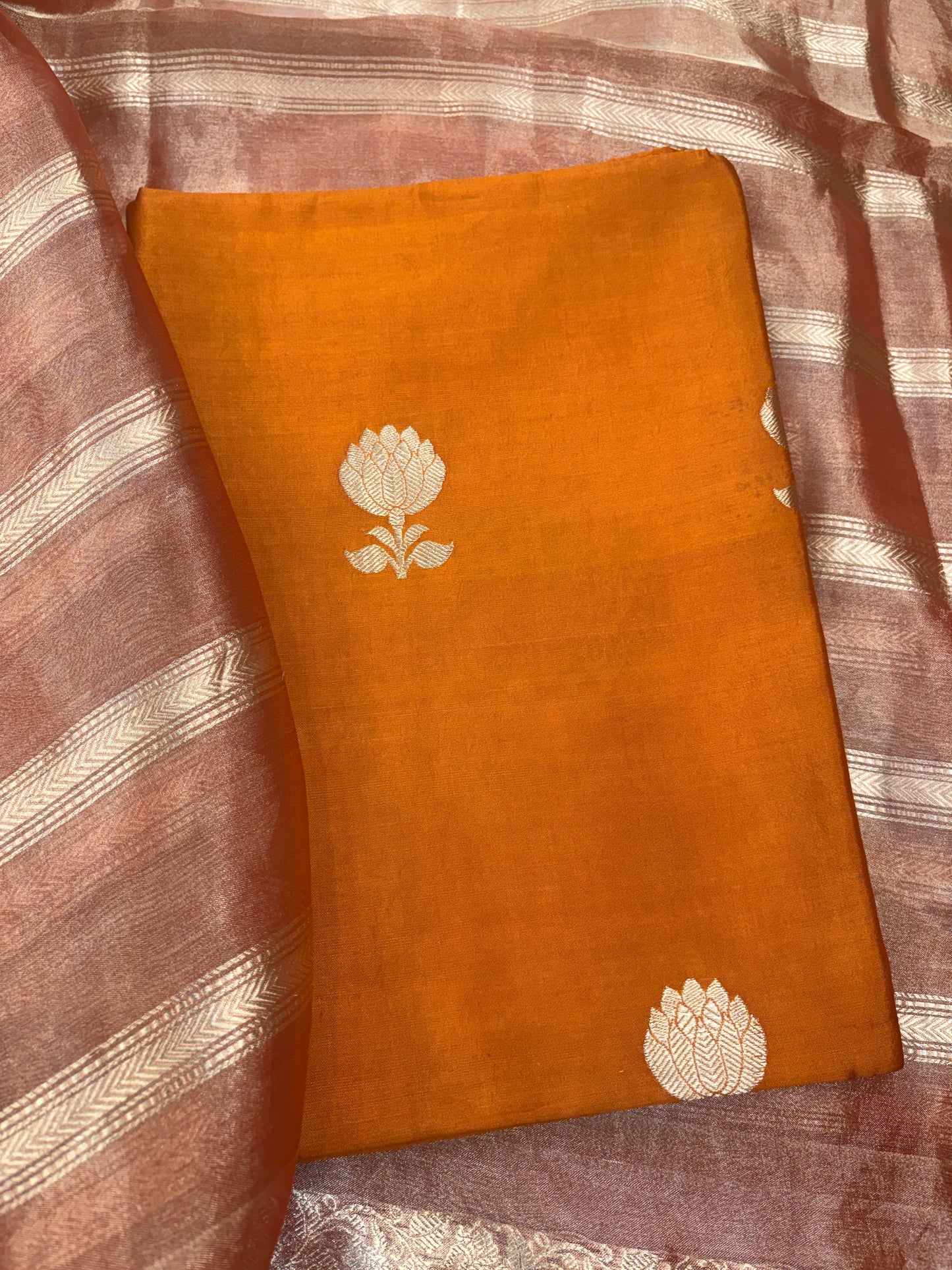 Orange Chiniya silk suit with tissue dupatta