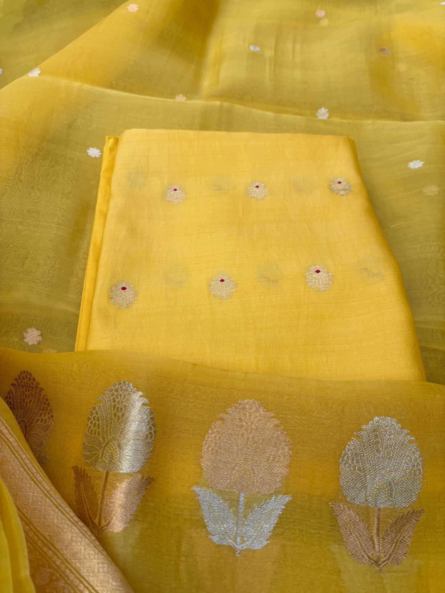 Yellow Chiniya silk kurta, kora silk dupatta , plain bottom