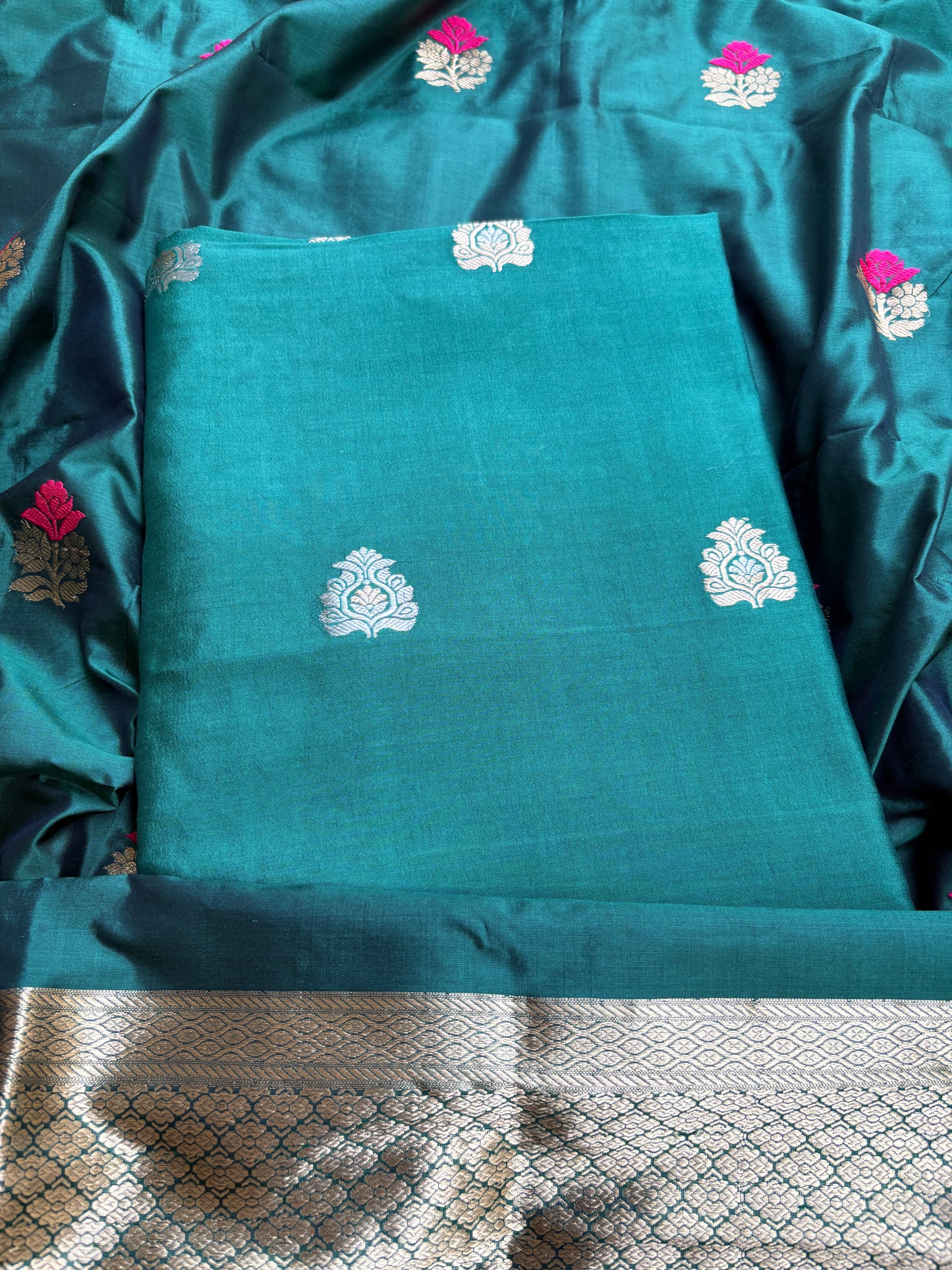 Green Chiniya silk kurta, bottom, katan silk kadhwa dupatta
