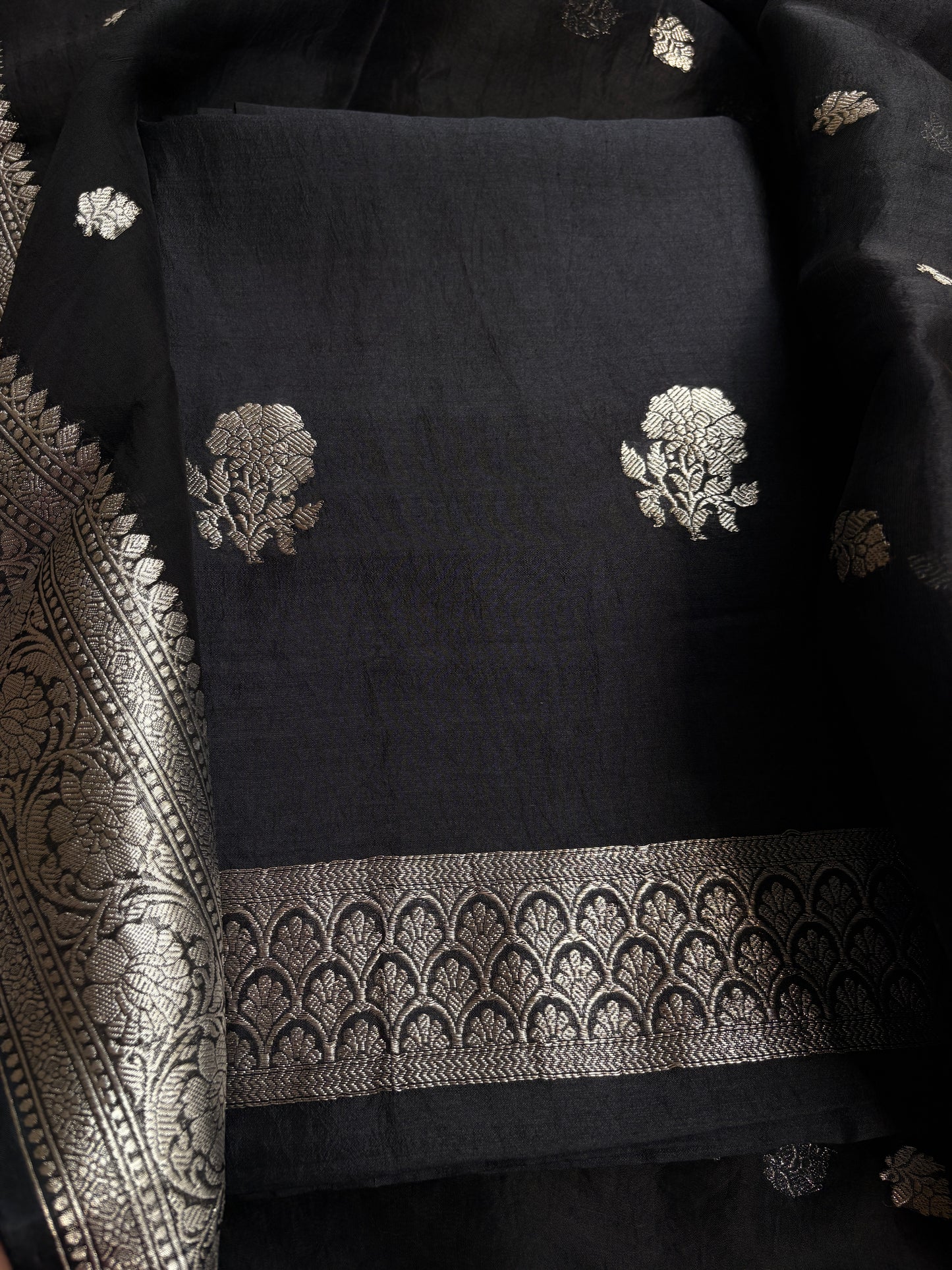 Black silver zari Chiniya silk suit set