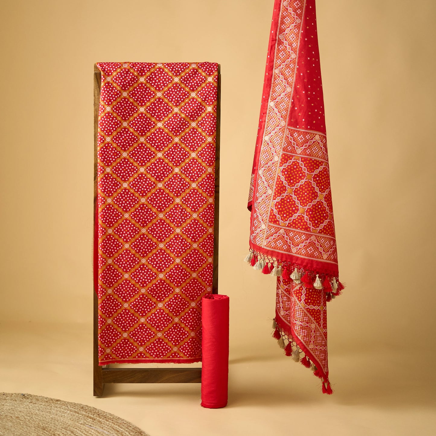 Red handwoven bandhani chanderi suit set