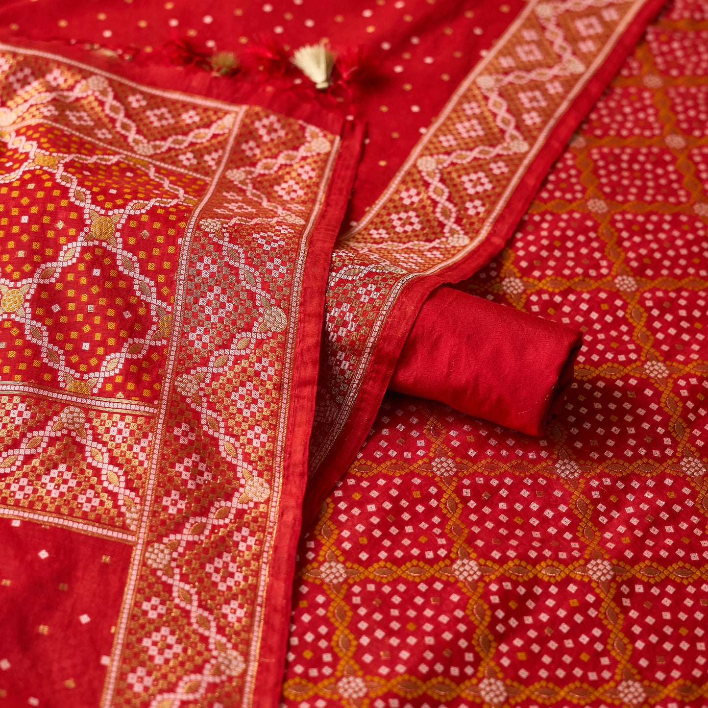Red handwoven bandhani chanderi suit set