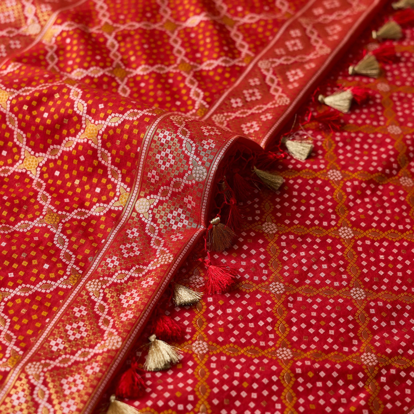 Red handwoven bandhani chanderi suit set