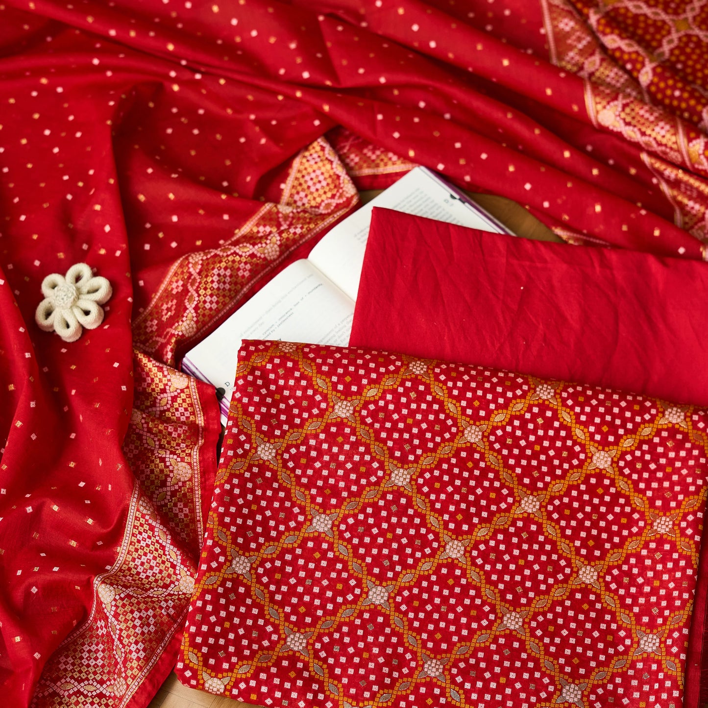 Red handwoven bandhani chanderi suit set