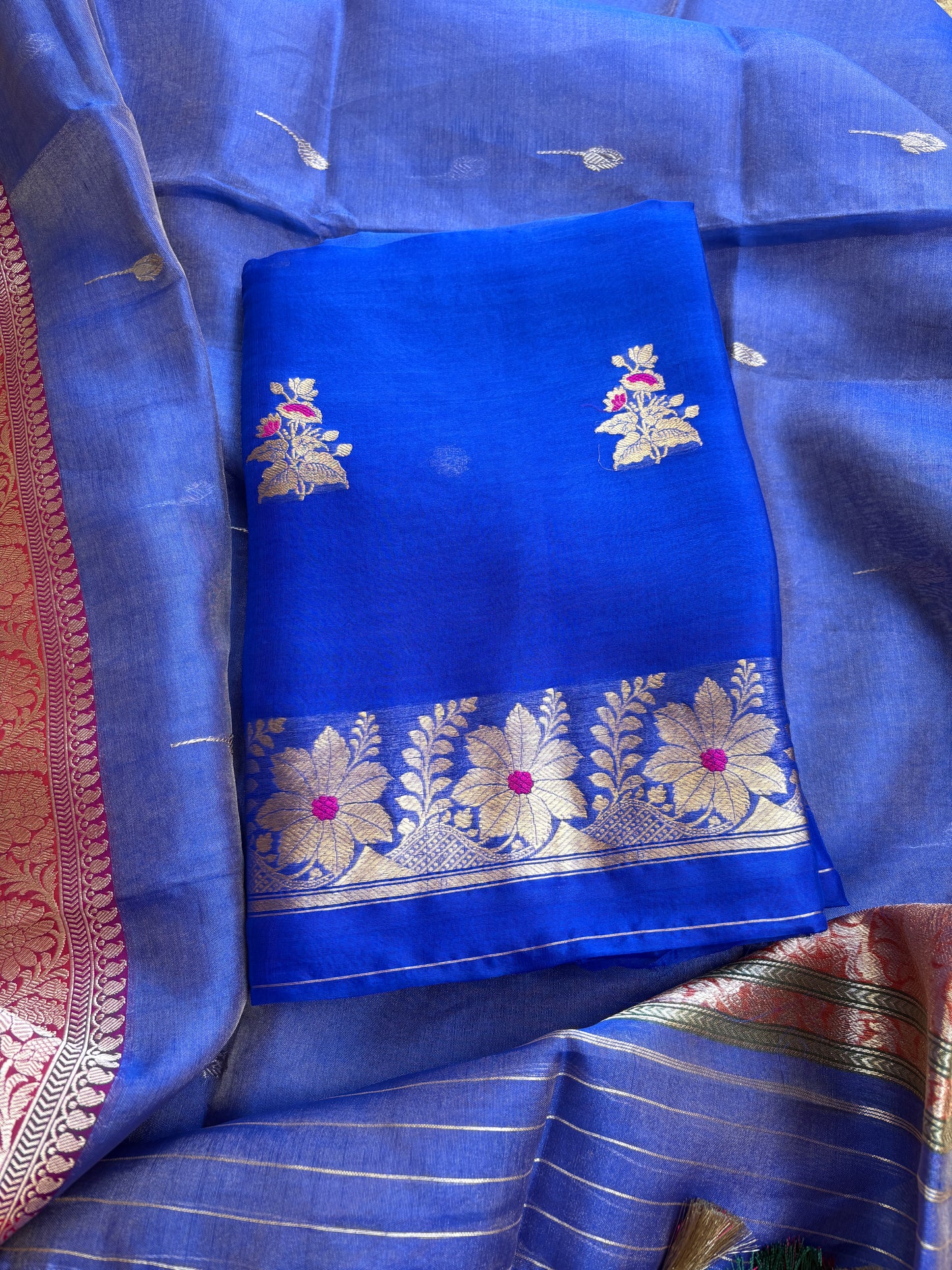 Blue kora kurta, kora tissue dupatta, pure silk bottom