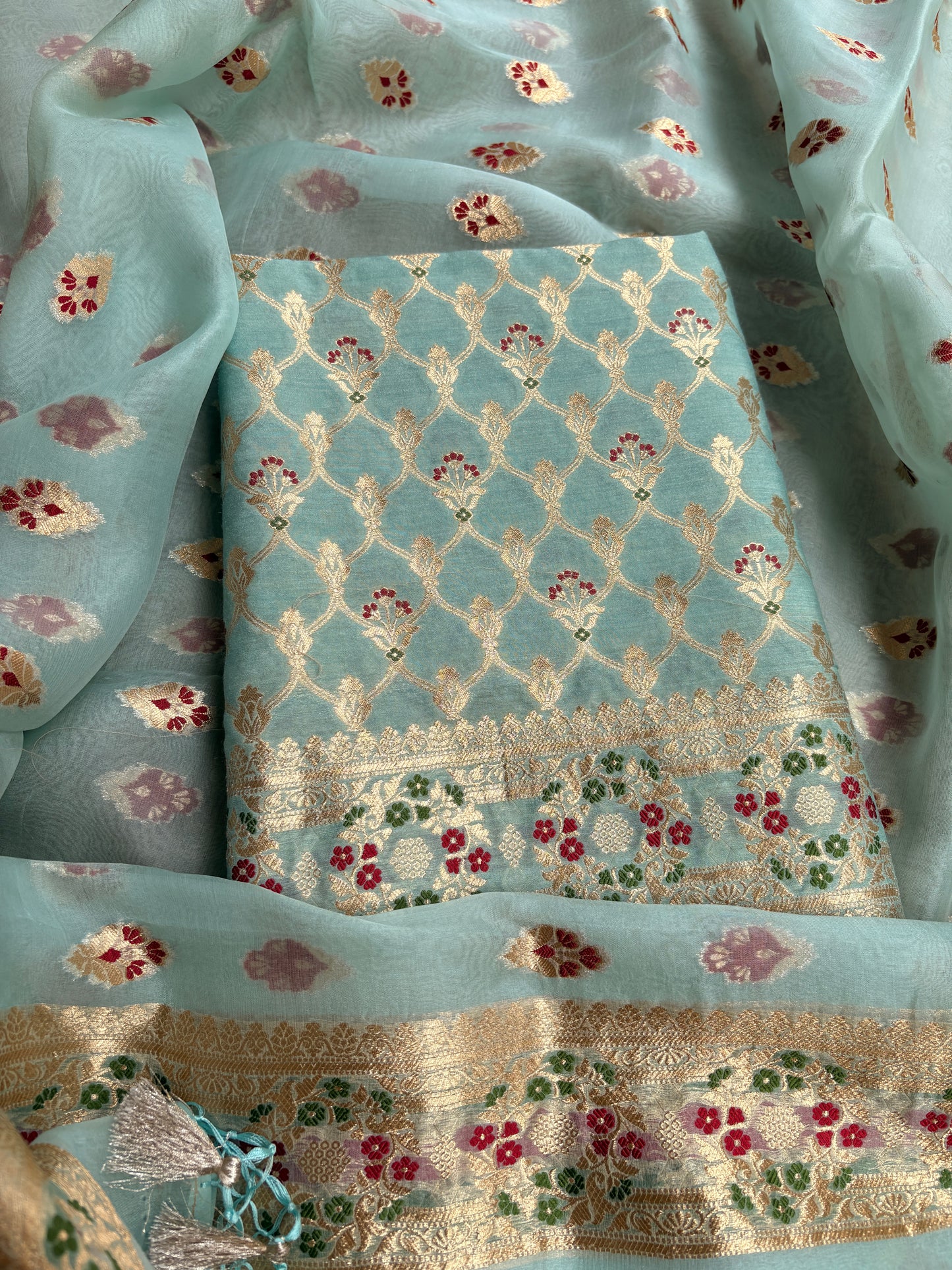 Blue moonga silk kurta, kora silk kadhwa dupatta , plain bottom