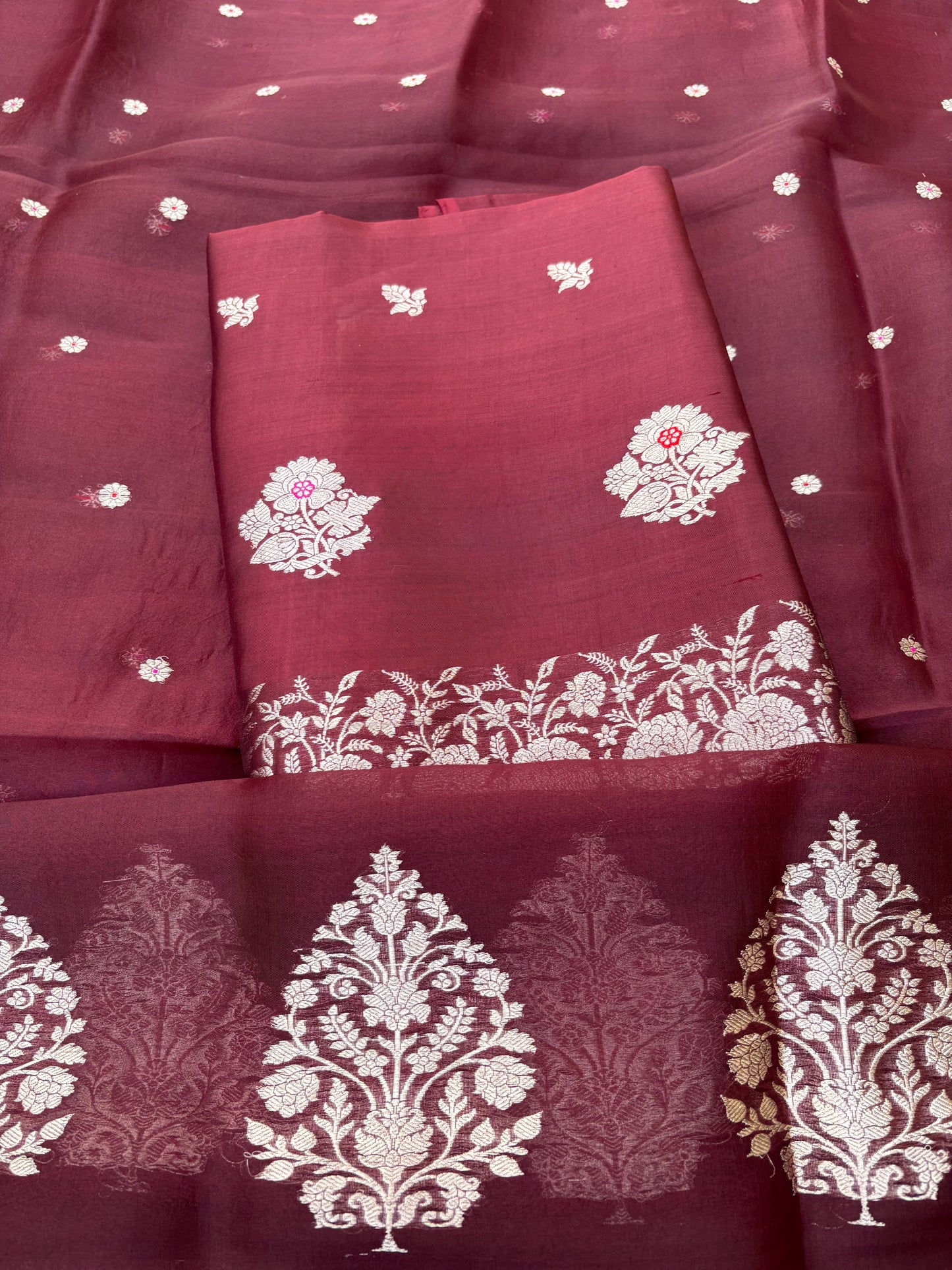 Wine maroon raw mango silk kurta, bottom , kora silk dupatta