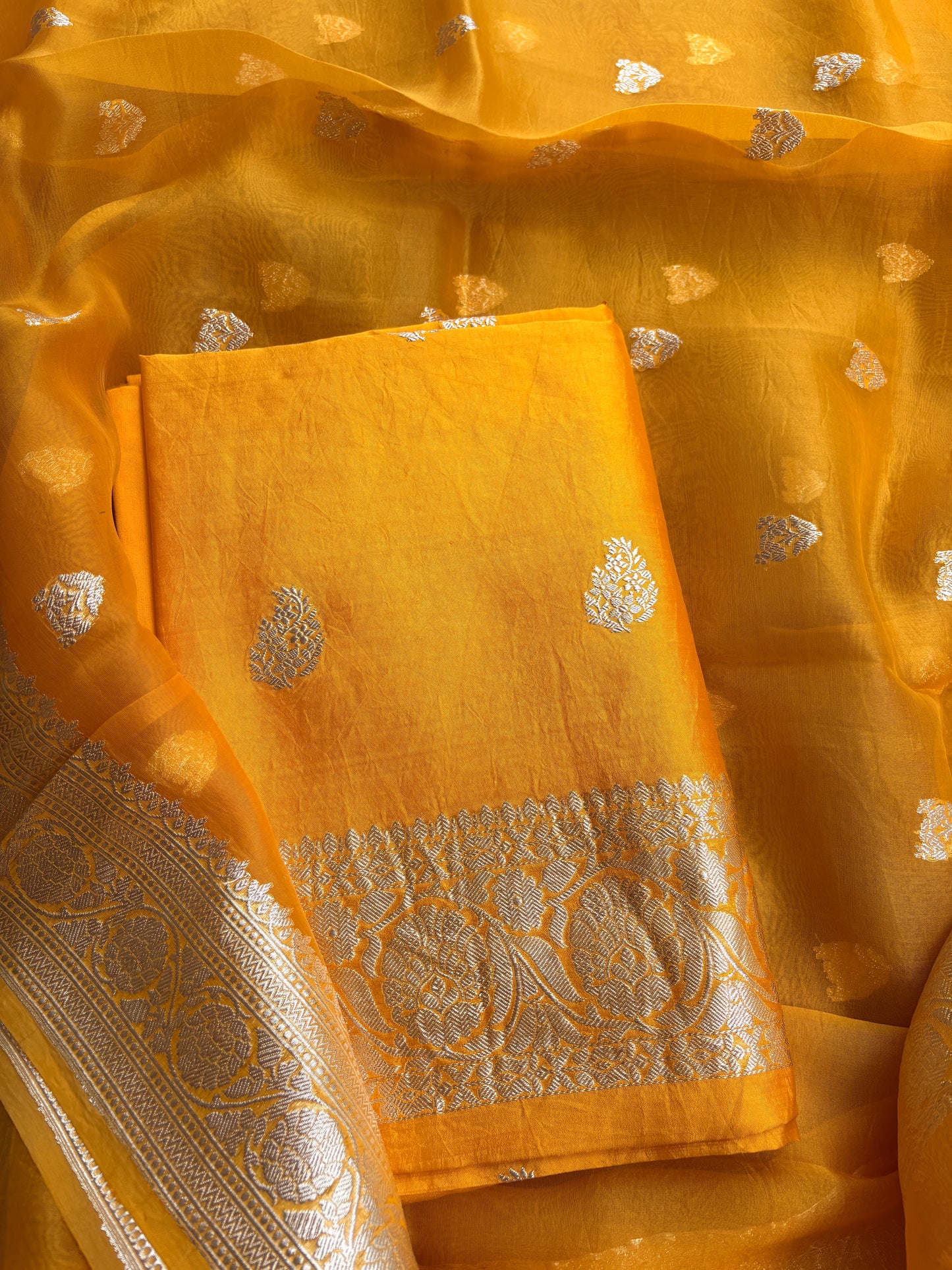 Yellow Chiniya silk silver zari suit set