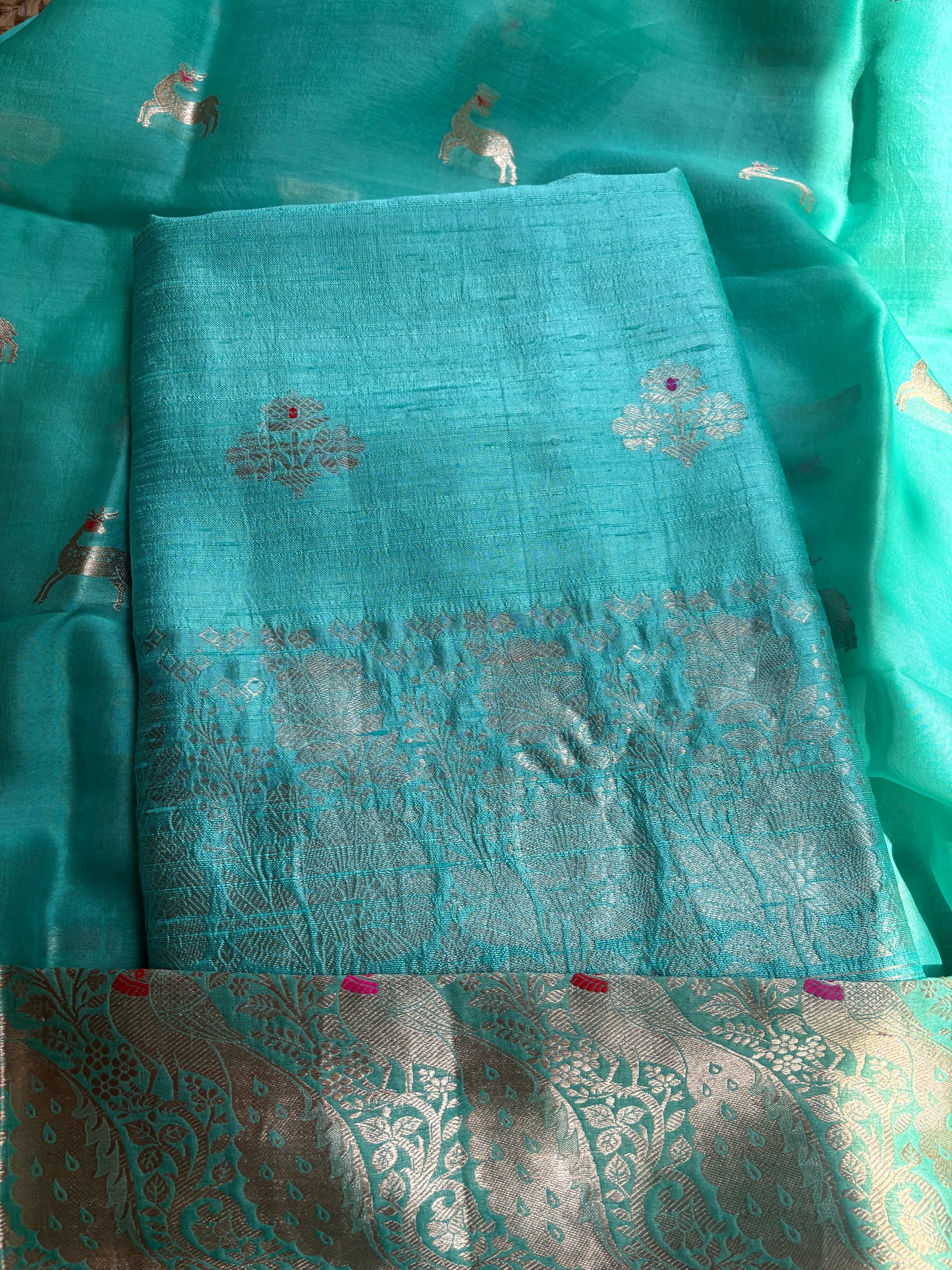 Blue raw silk Kurta, bottom , Kora silk deer motif dupatta