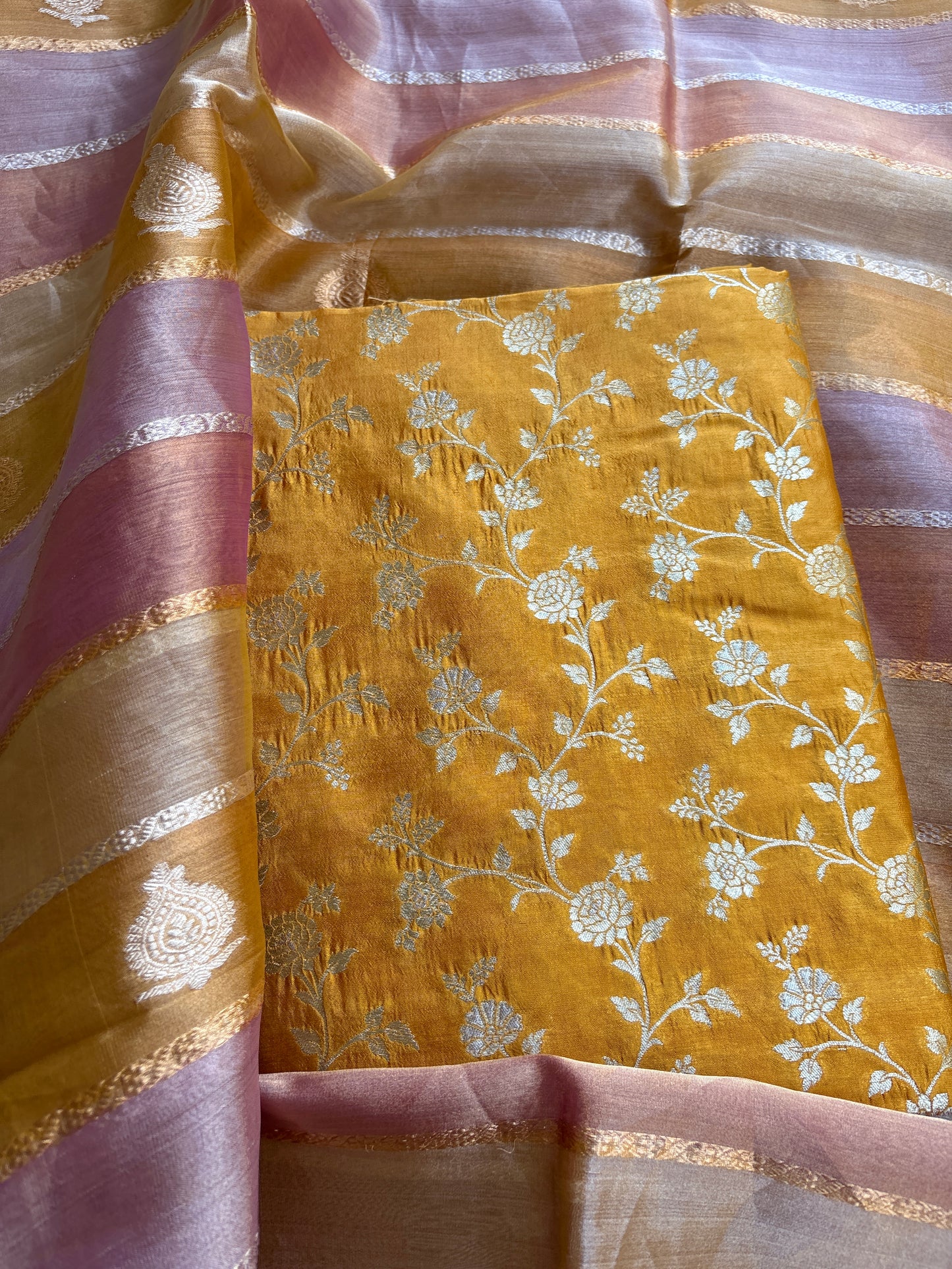 Yellow Chiniya silk kurta bottom and kora tissue dupatta