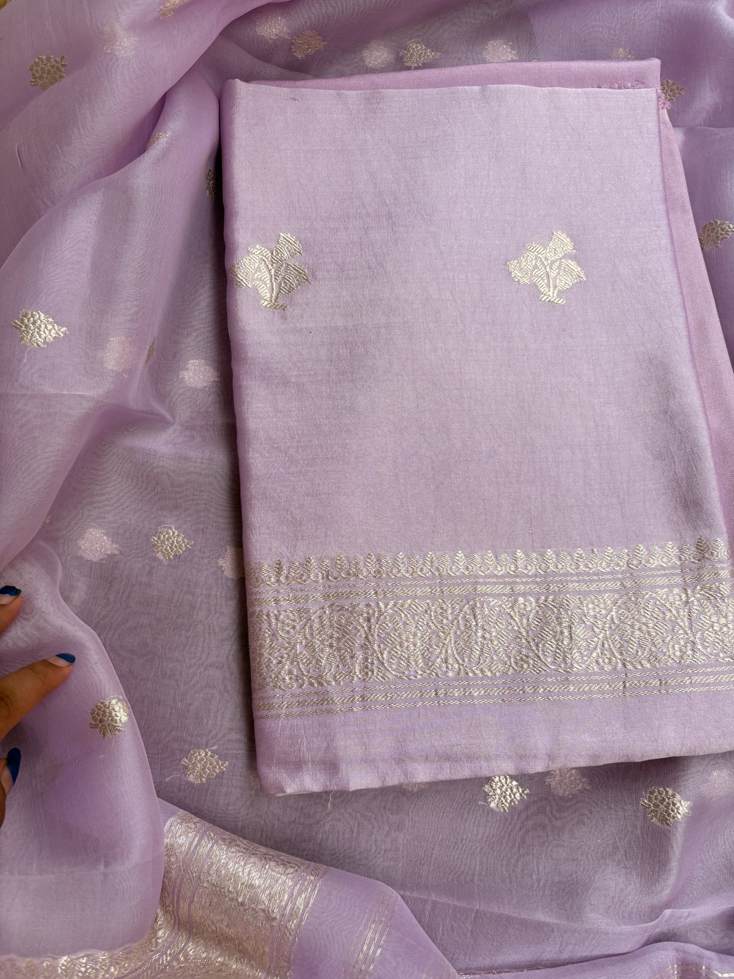Lavender Chiniya silk silver zari 3 piece suit set