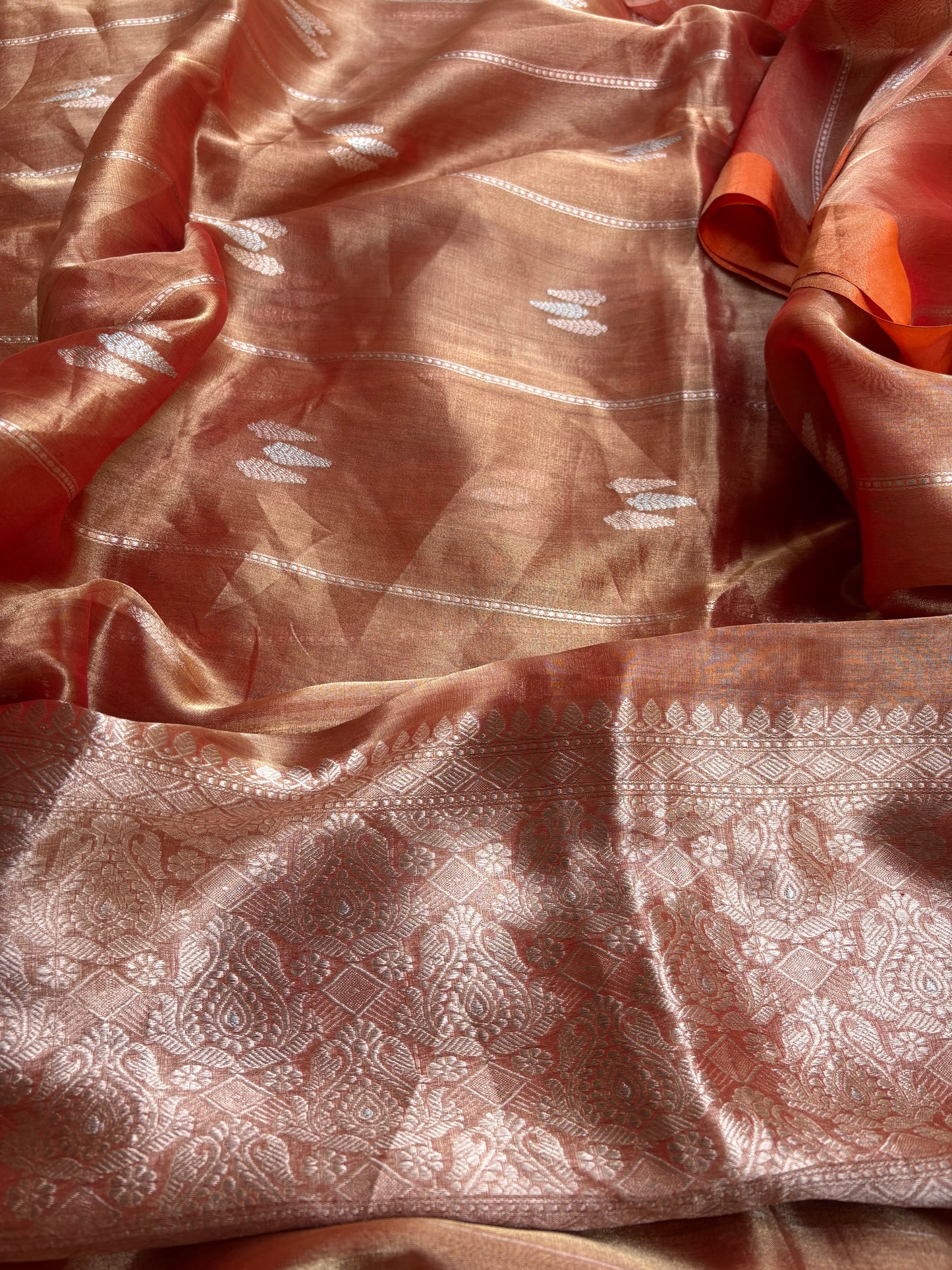 Orange raw artisan silk kurta, bottom, tissue kadhwa dupatta