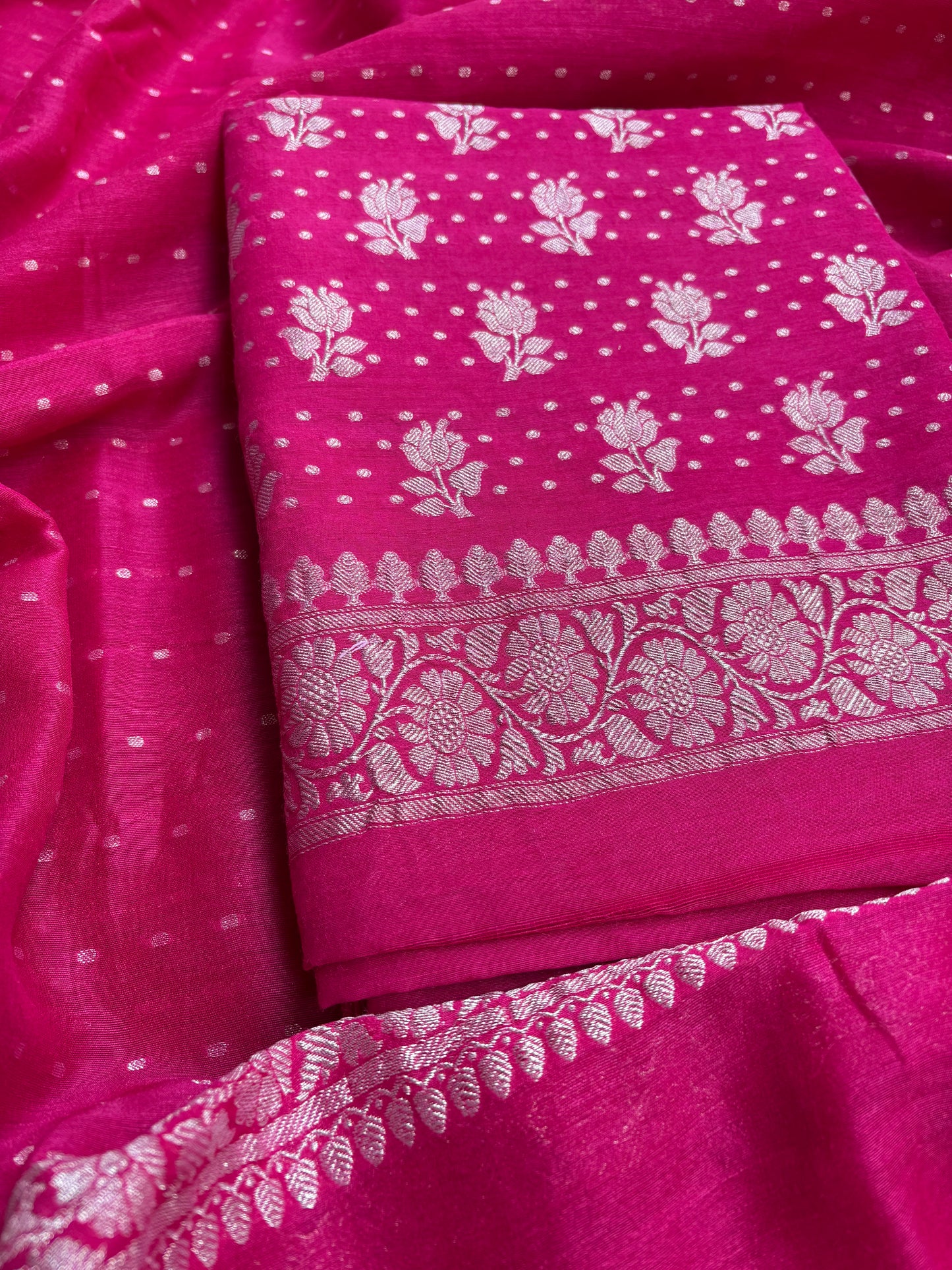 Rani pink moonga chiffon 3 piece suit set
