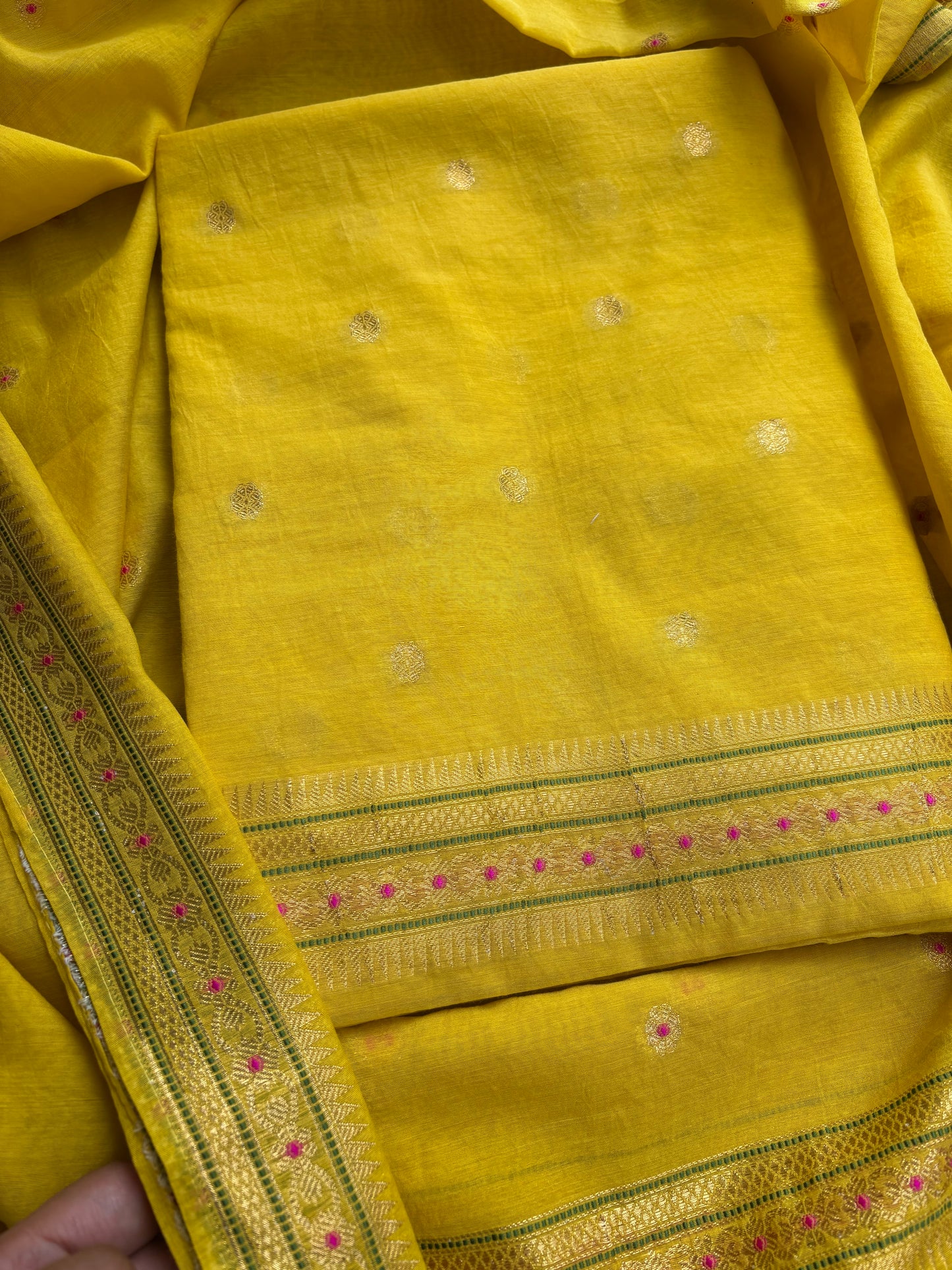 Yellow cotton jamdani 3 piece suit set