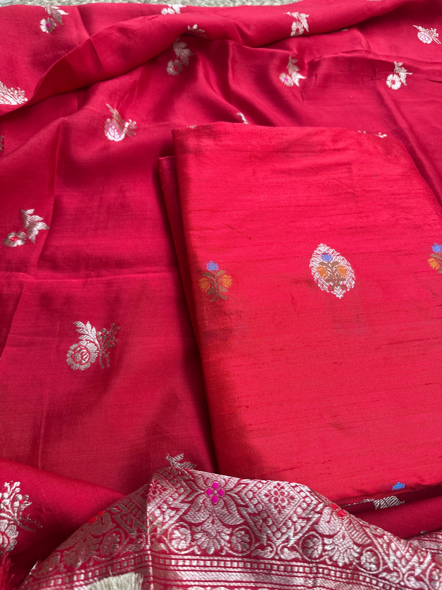 Red raw silk meenadar kurta, chiniya silk dupatta, plain raw silk bottom.