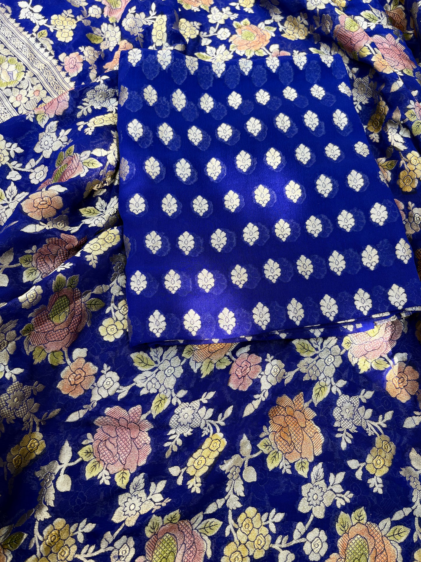 Blue Khaddi georgette kurta, handbrushed dupatta, plain bottom