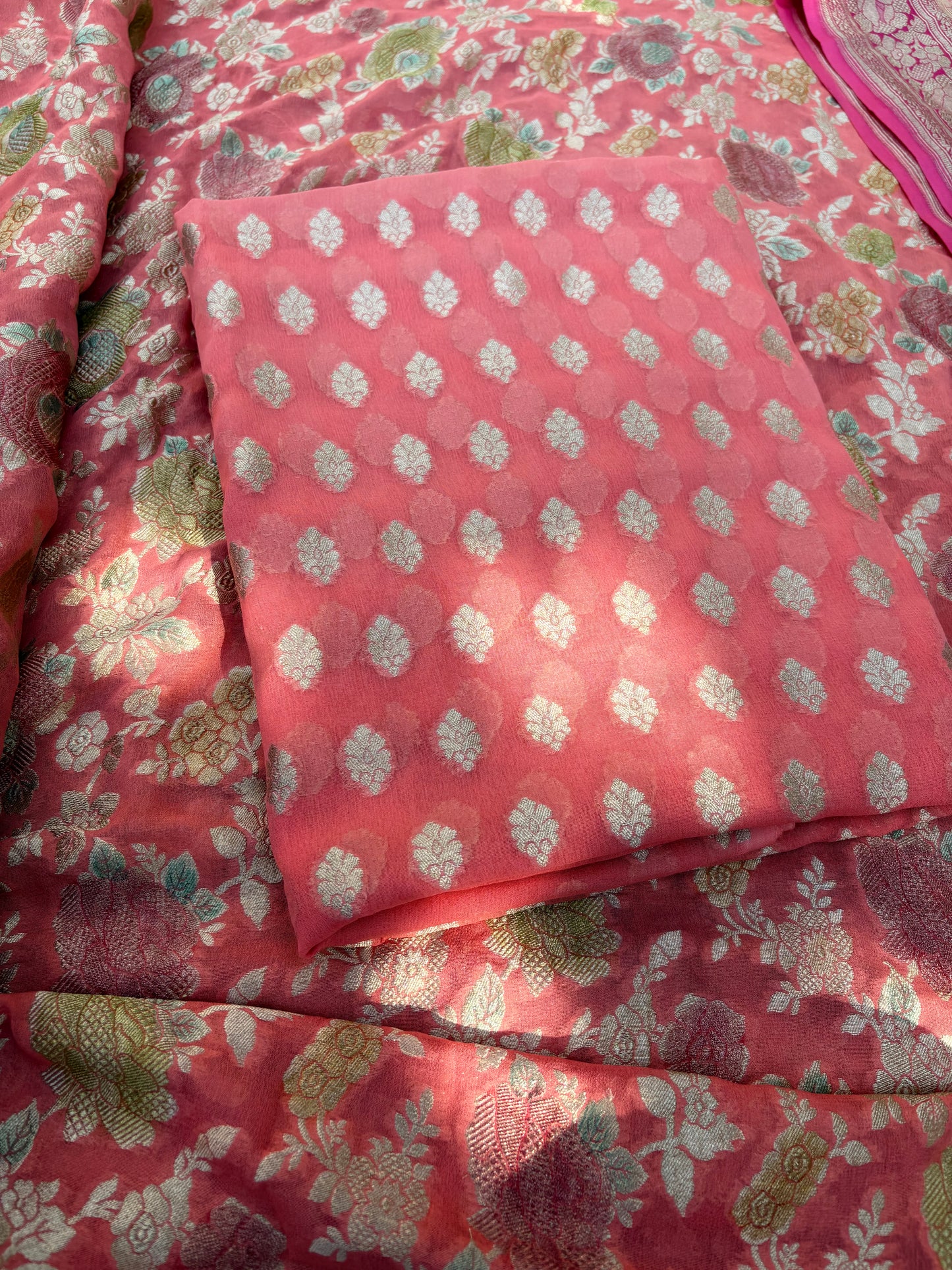 Peach Khaddi georgette, handbrushed dupatta, plain bottom