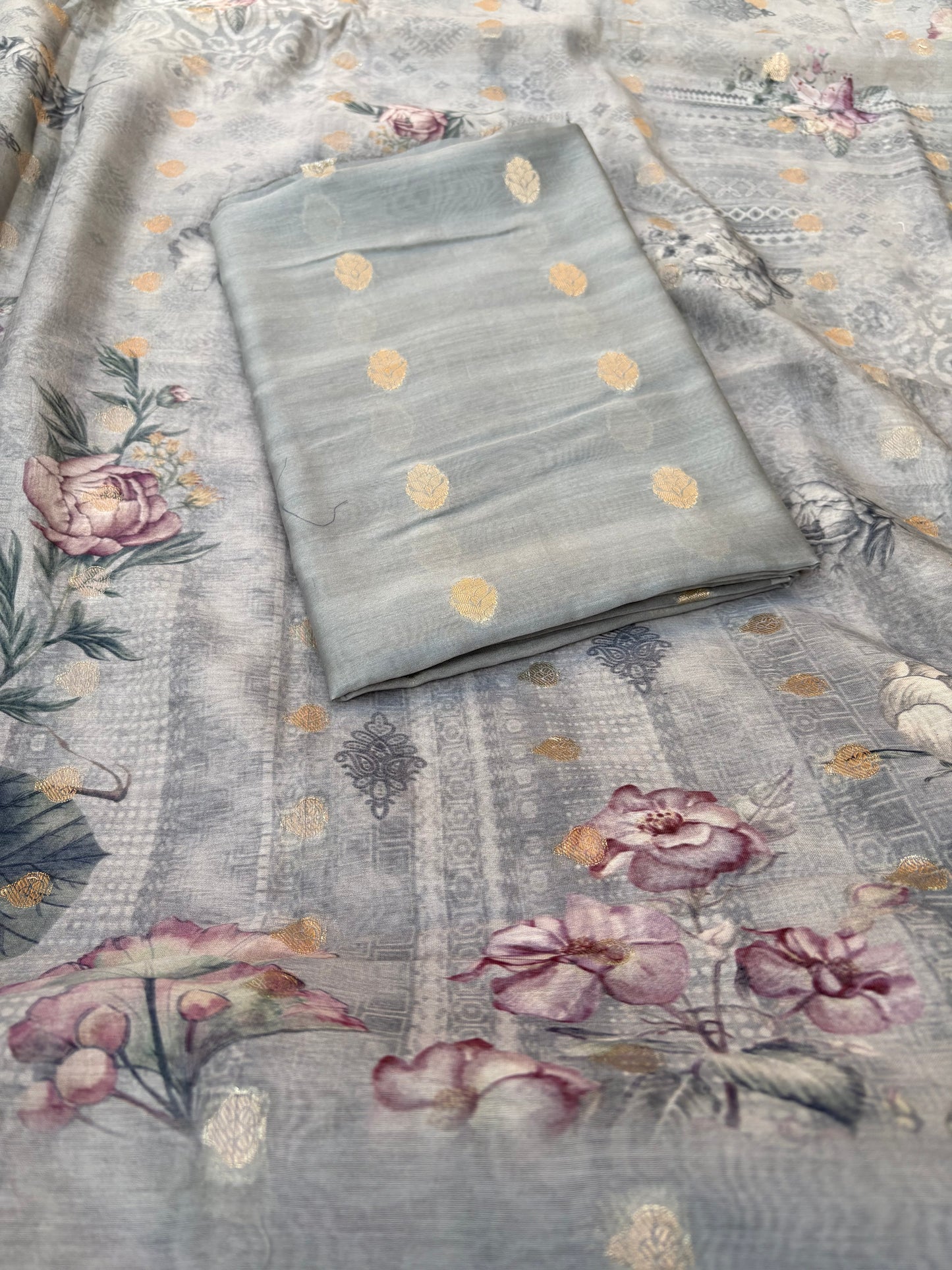 Grey mul Chanderi silk 3 piece suit set