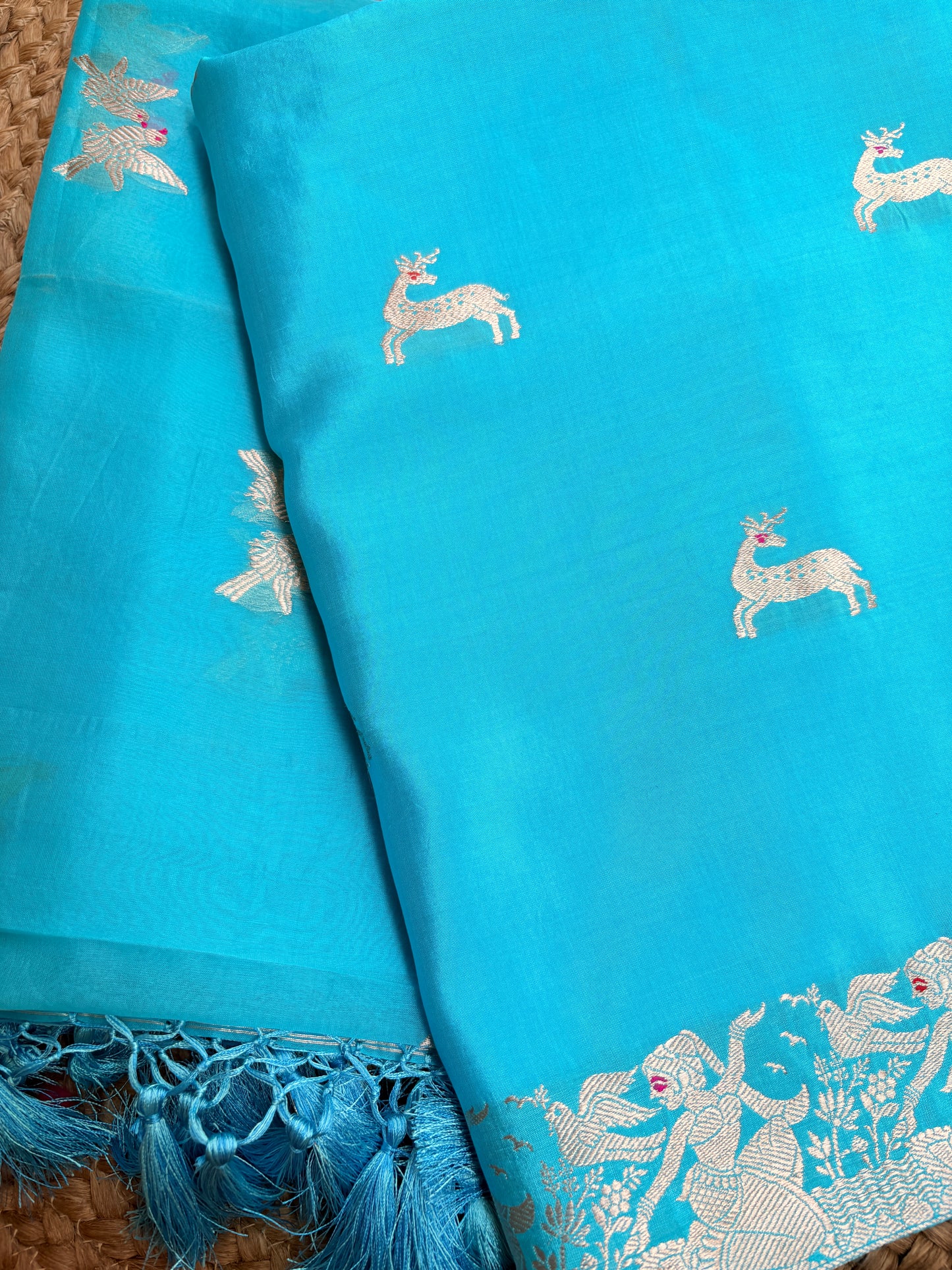 Blue pure silk kadhwa motif suit set